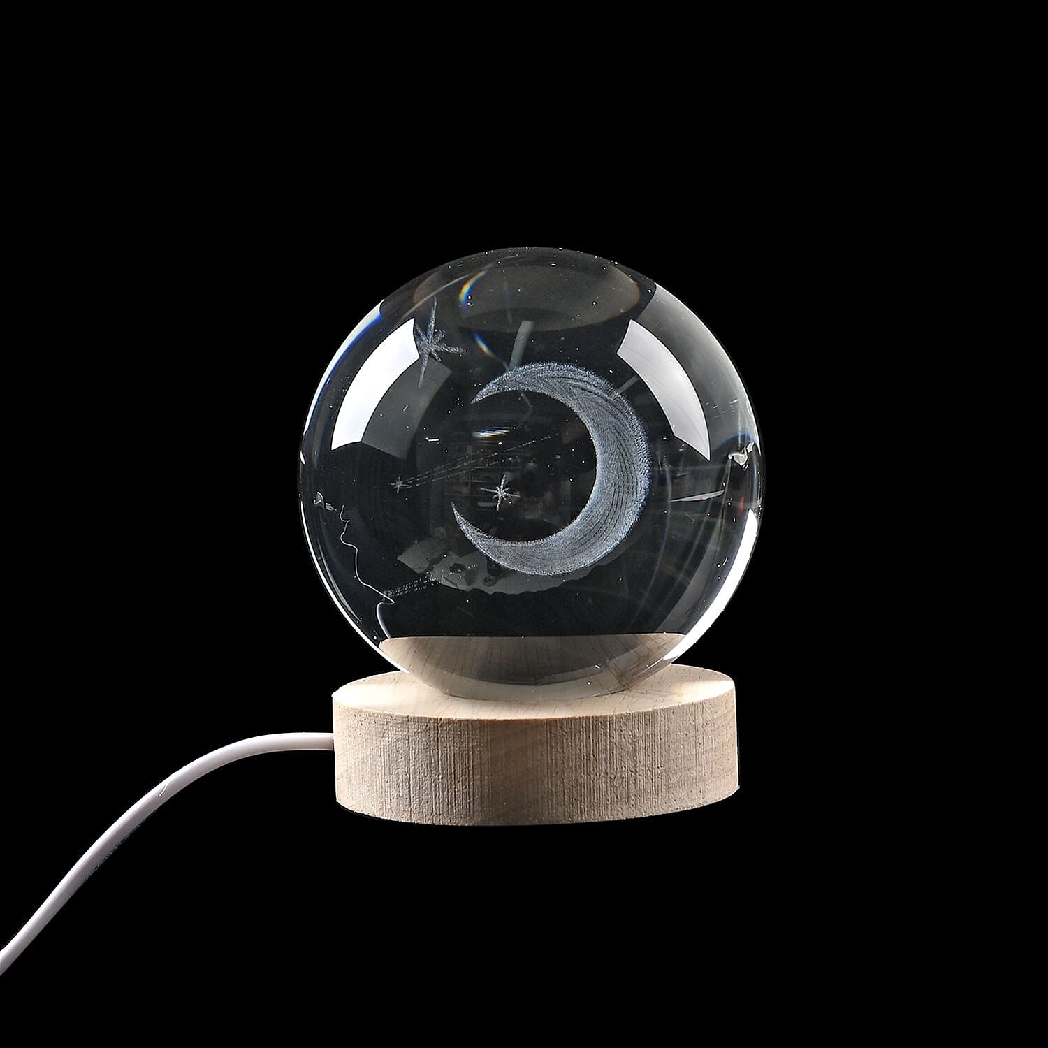 3D Engraved Moon Crystal Ball with LED RGB Color Changing Light & Wooden Base with USB Cable
