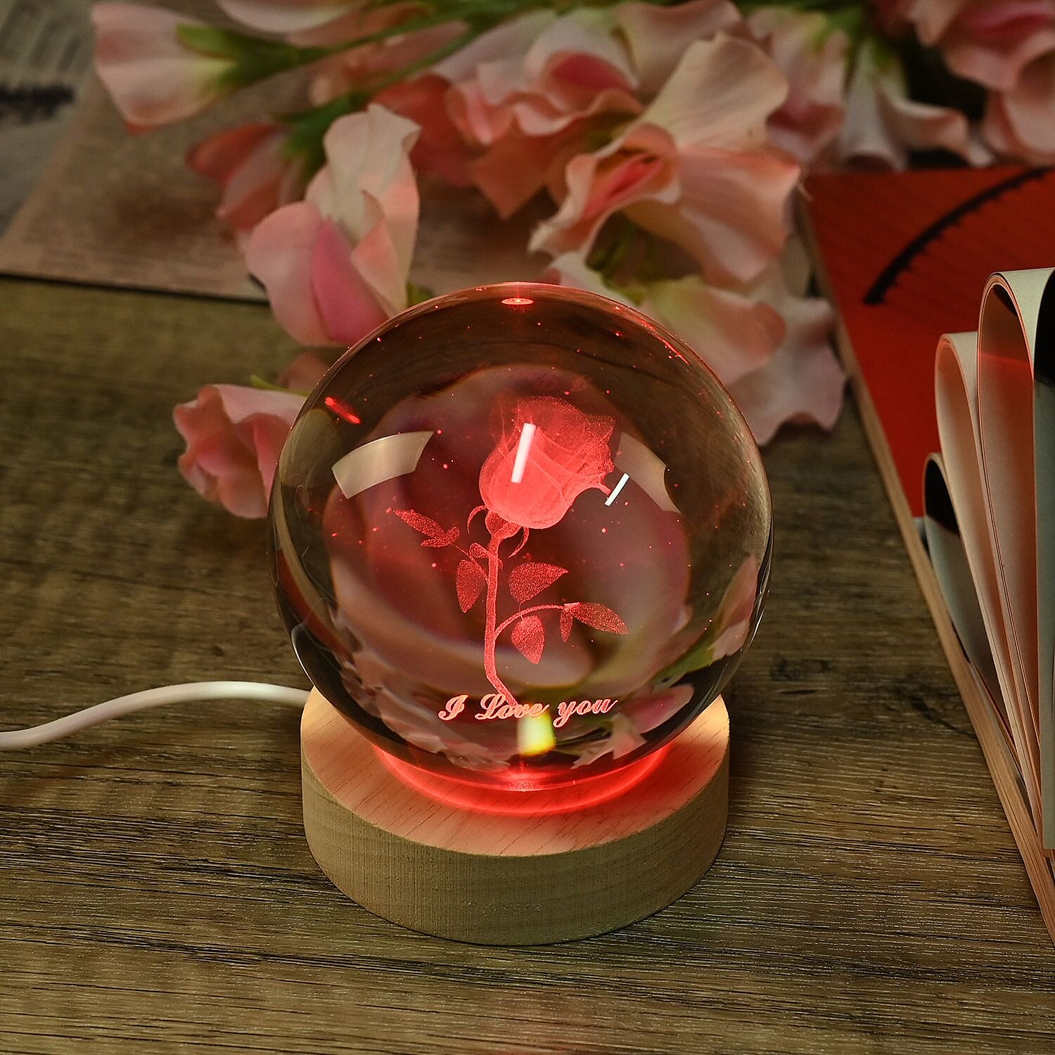  Laser Etched Dolphin Crystal Ball with Wood Base & Color Changing LED Lights