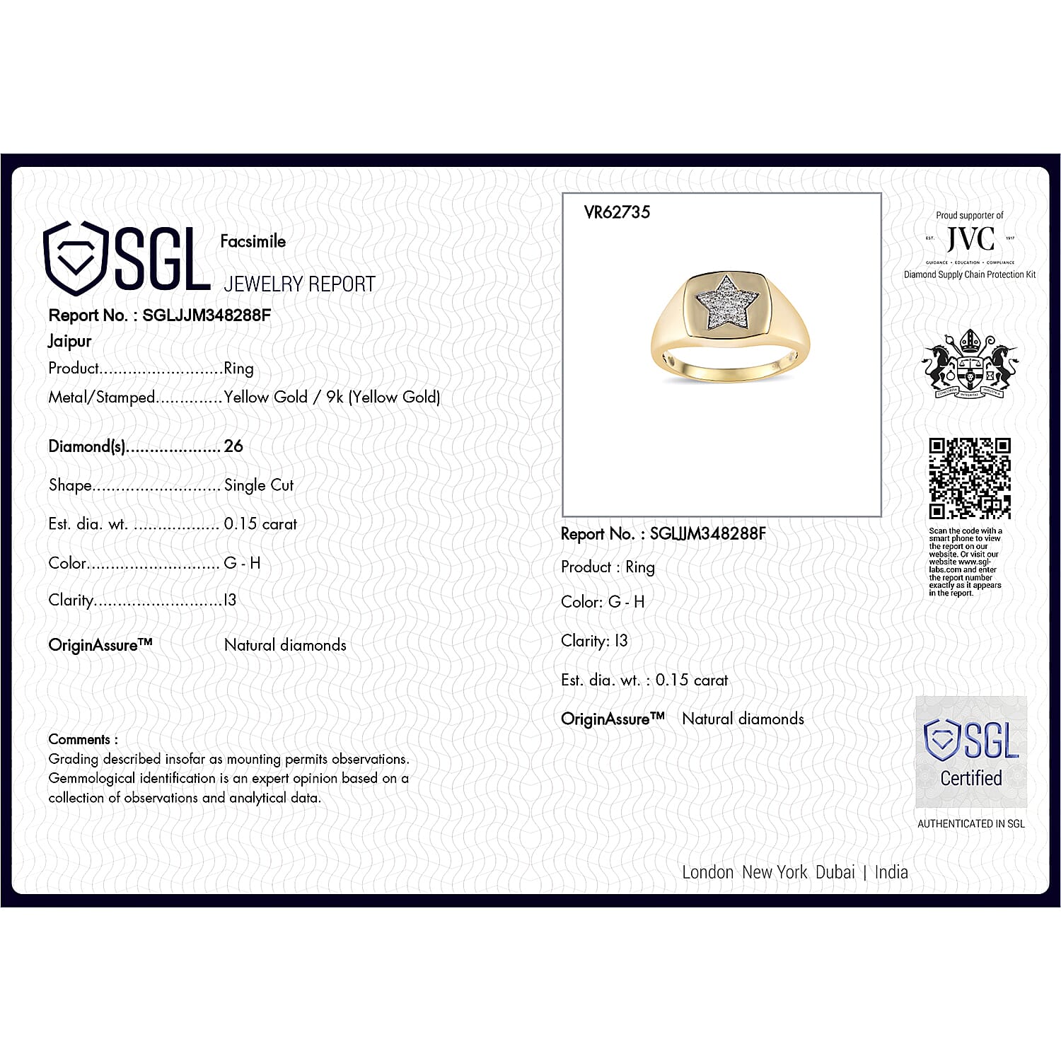 9K Yellow Gold SGL Certified Diamond Star Ring 0.15 Ct.