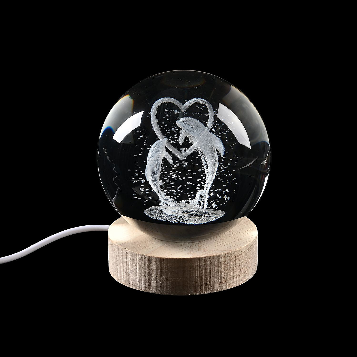 Laser Etched Dolphin Crystal Ball with Wood Base & Color Changing LED Lights