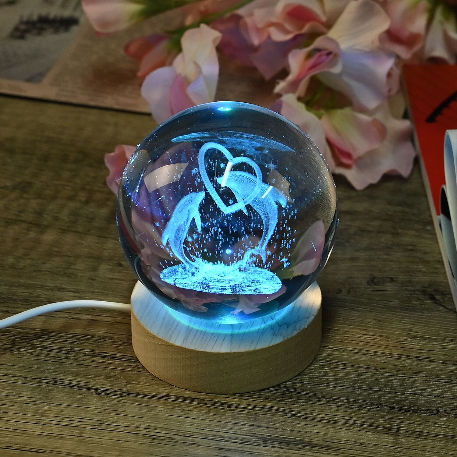 Laser Etched Dolphin Crystal Ball with Wood Base - Color Changing LED Lights
