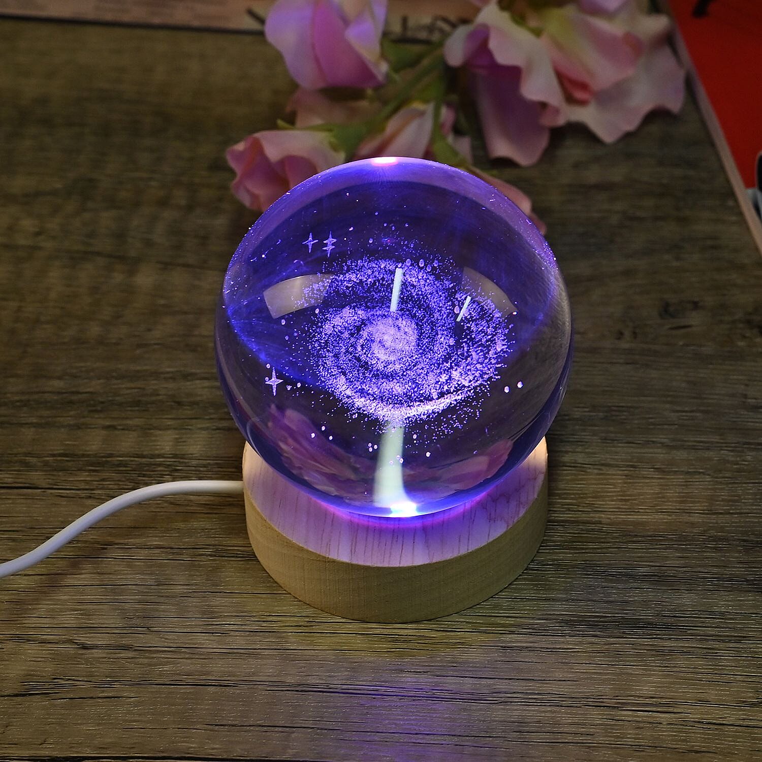 Laser Etched Galaxy Crystal Ball with Wood Base - Color Changing LED Lights