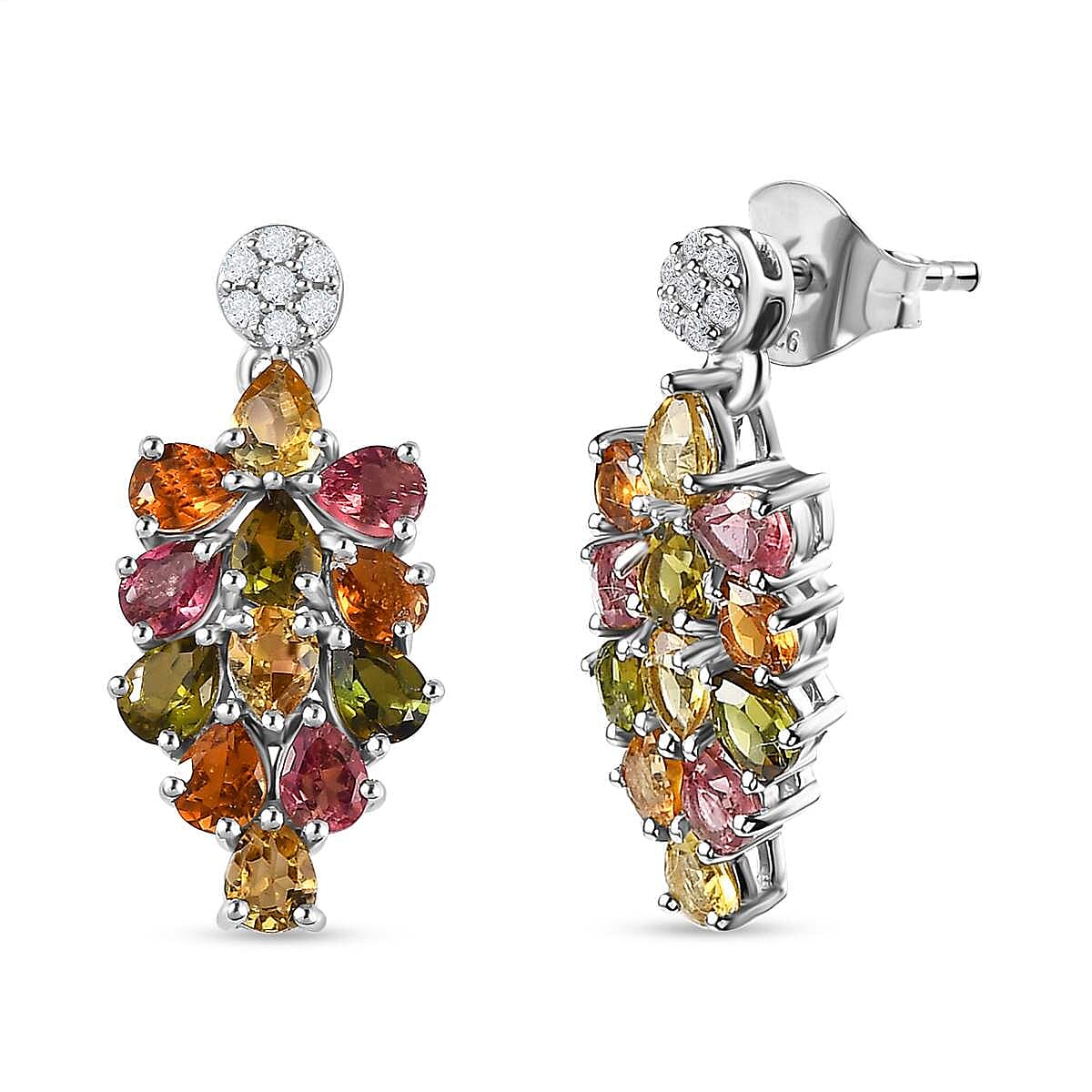 Multi-Tourmaline & Natural Zircon Dangle Earrings in Platinum Overlay Sterling Silver 3.42 Ct