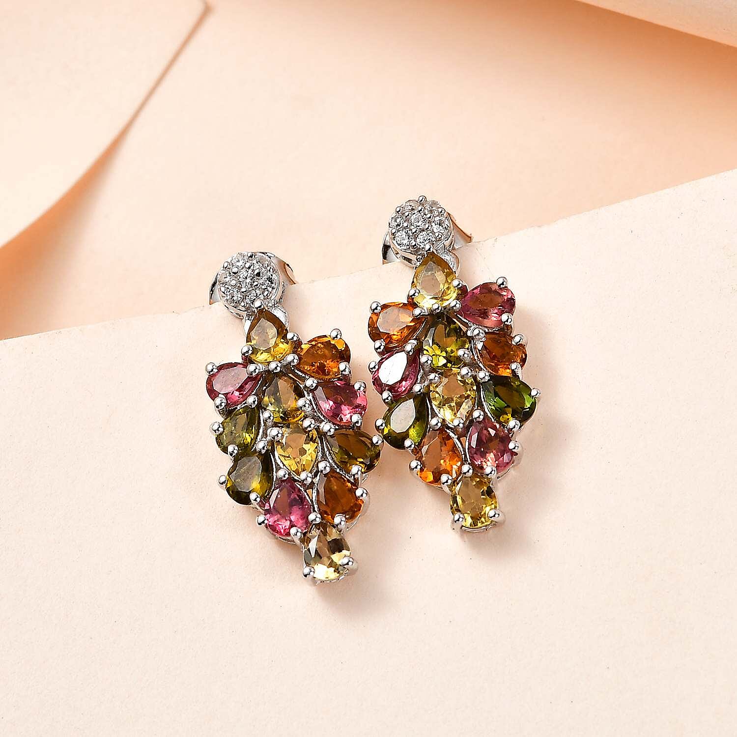 Multi-Tourmaline & Natural Zircon Dangle Earrings in Platinum Overlay Sterling Silver 3.42 Ct