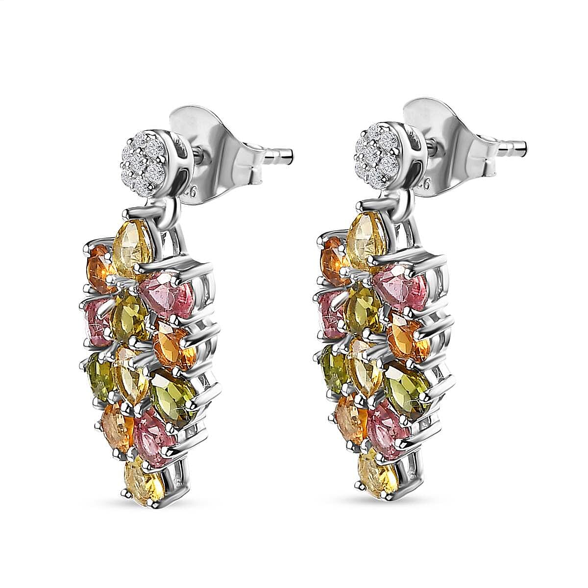Multi-Tourmaline & Natural Zircon Dangle Earrings in Platinum Overlay Sterling Silver 3.42 Ct