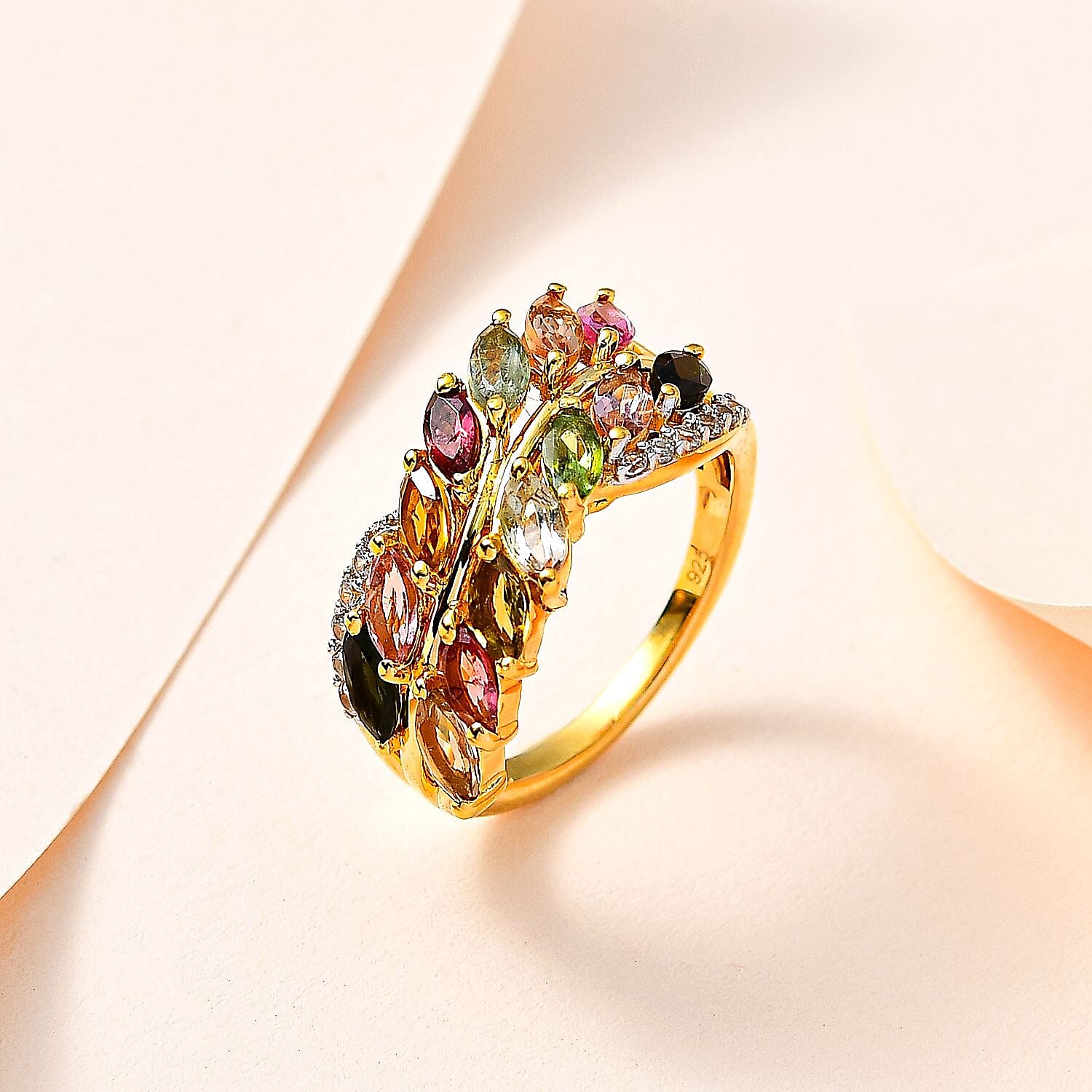 Multi-Tourmaline & Natural Zircon Cluster Ring in 18K Vermeil Yellow Gold Plated Sterling Silver 2.14 Ct