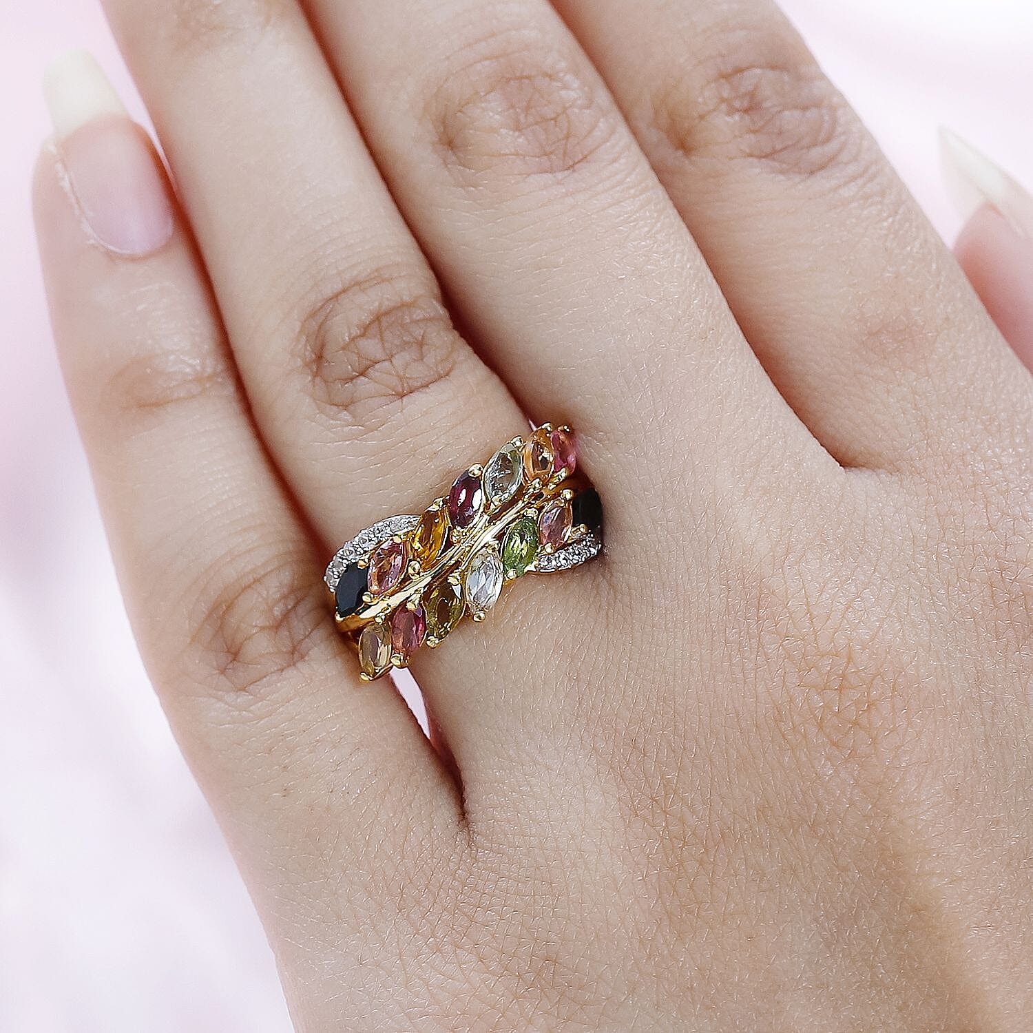 Multi-Tourmaline & Natural Zircon Cluster Ring in 18K Vermeil Yellow Gold Plated Sterling Silver 2.14 Ct