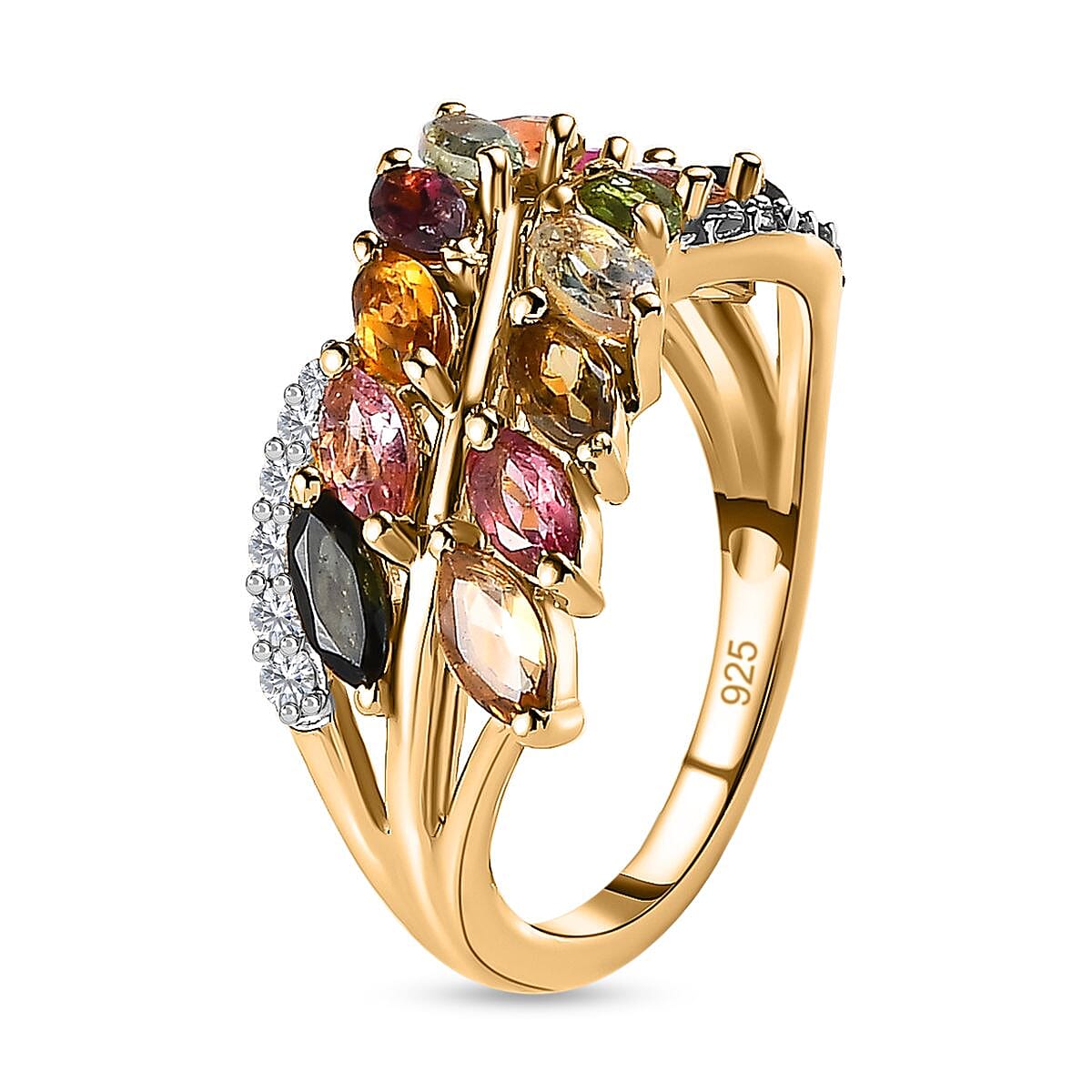 Multi-Tourmaline & Natural Zircon Cluster Ring in 18K Vermeil Yellow Gold Plated Sterling Silver 2.14 Ct