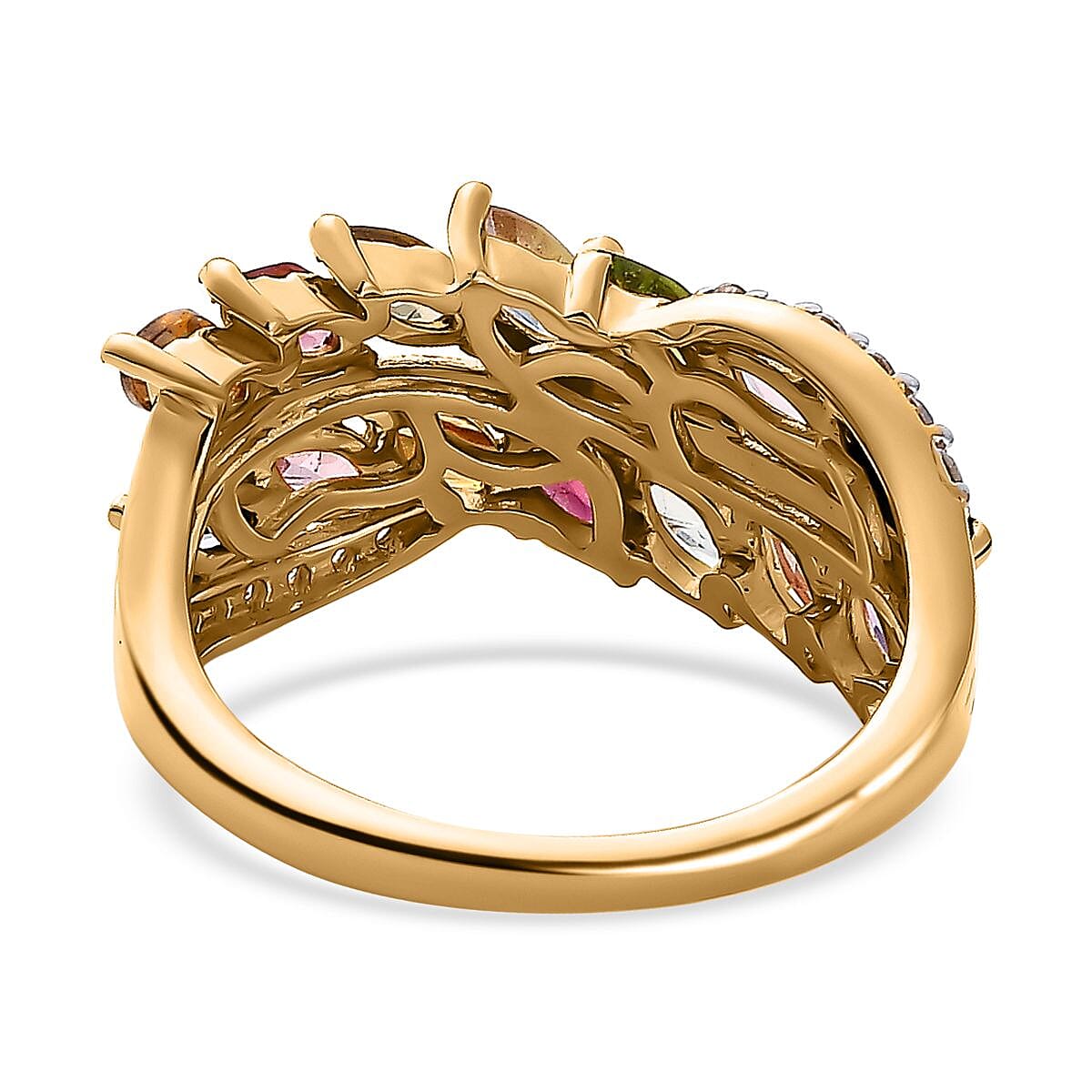 Multi-Tourmaline & Natural Zircon Cluster Ring in 18K Vermeil Yellow Gold Plated Sterling Silver 2.14 Ct