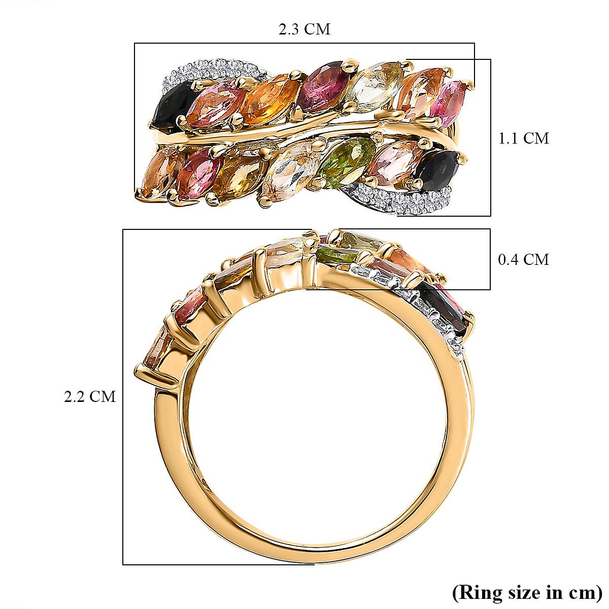 Multi-Tourmaline & Natural Zircon Cluster Ring in 18K Vermeil Yellow Gold Plated Sterling Silver 2.14 Ct