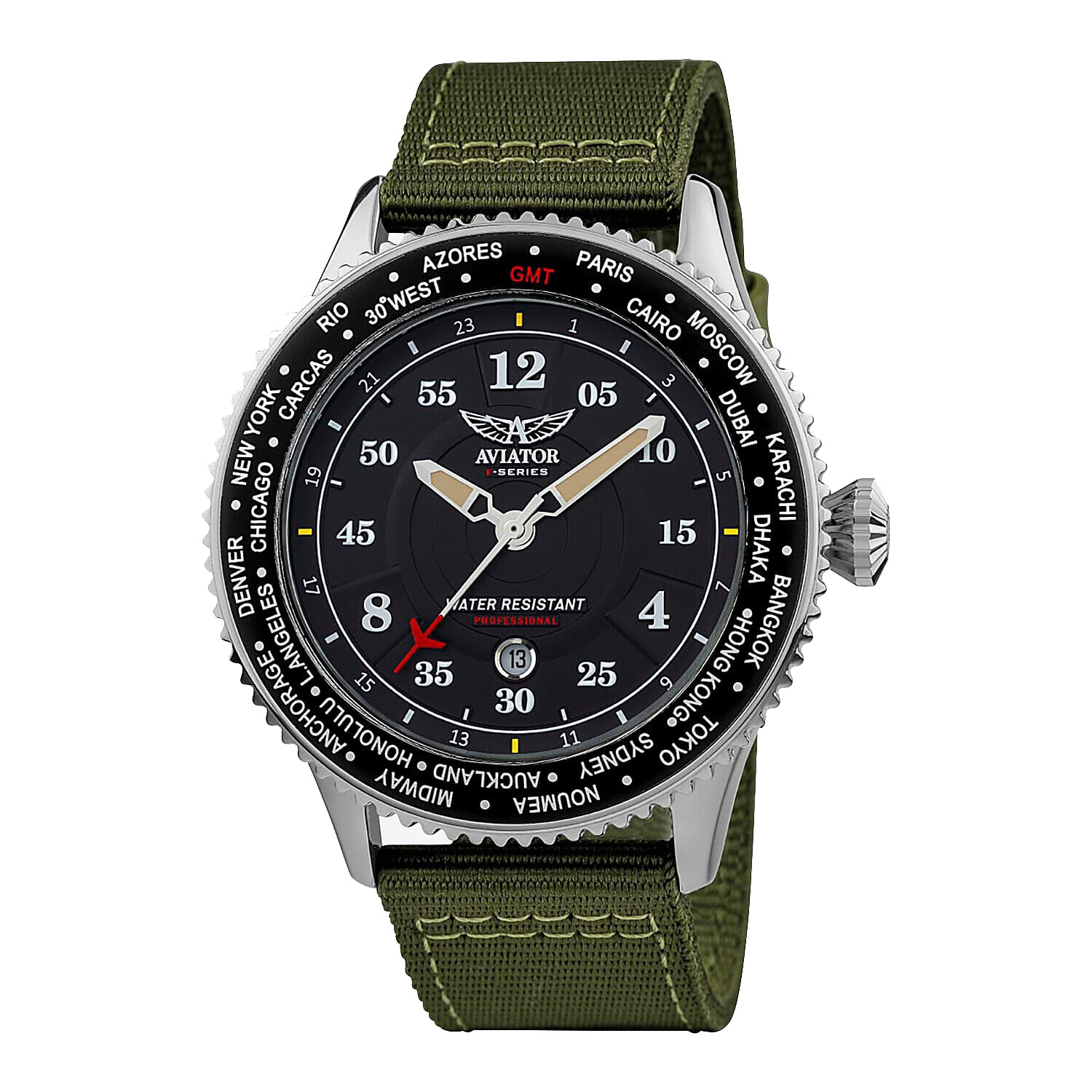 AVIATOR F Series 45mm Silver Case Black Dial Water Resistant Gents Watch With Green Canvas Strap