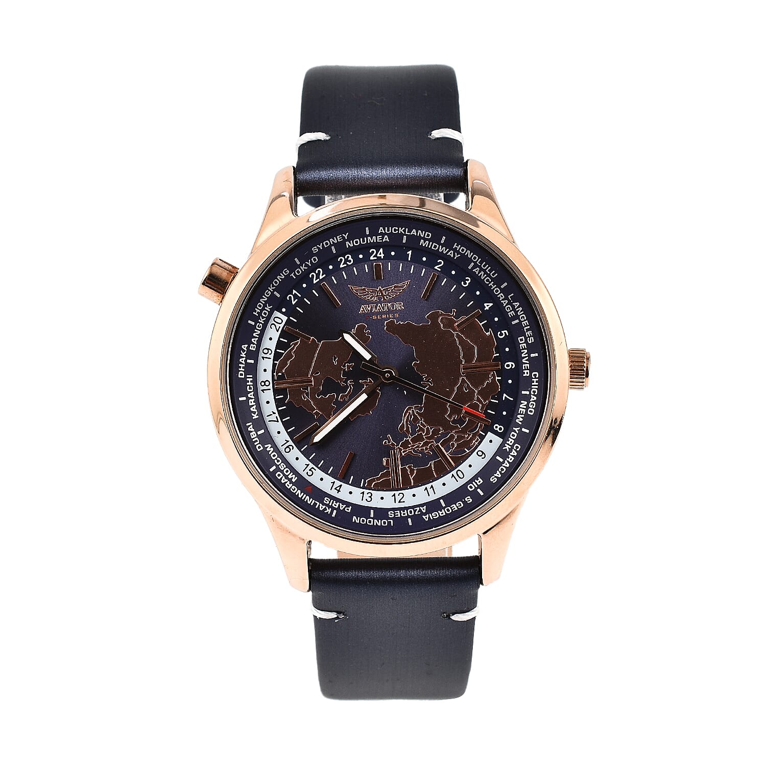 BEST EVER DEAL AVIATOR F Series Ladies World Timer Watch 28mm Dial WR Rose Gold Case With Blue Genuine Leather Strap