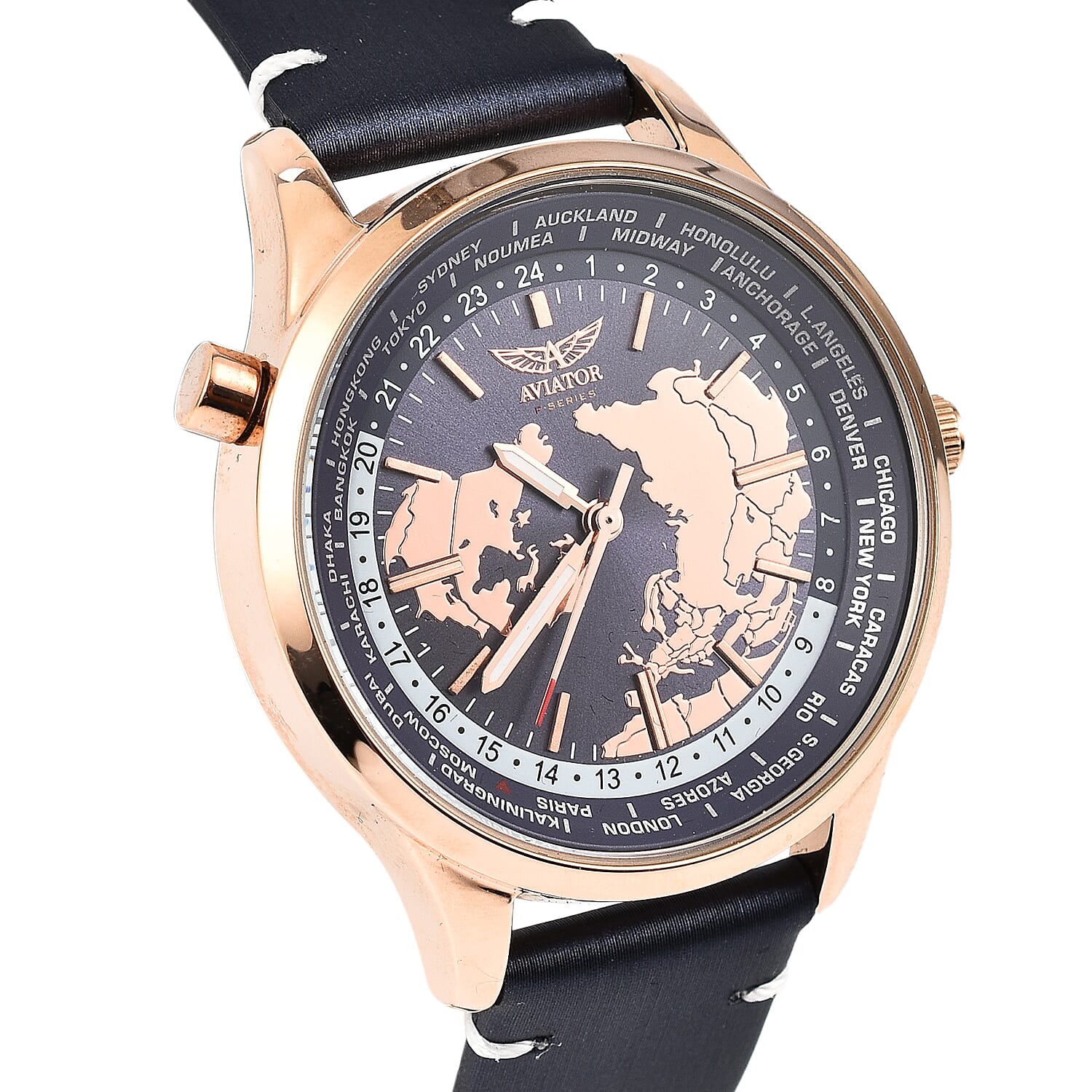 BEST EVER DEAL -AVIATOR F-Series Ladies World Timer Watch 28mm Dial Water Resistant Rose Gold Case With Blue Genuine Leather Strap