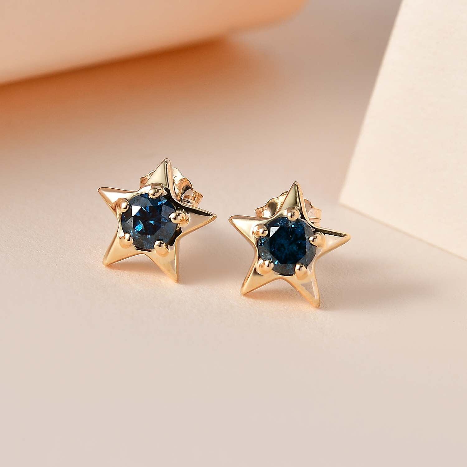 9K Yellow Gold Blue Diamond Stud Earring 0.50 ct