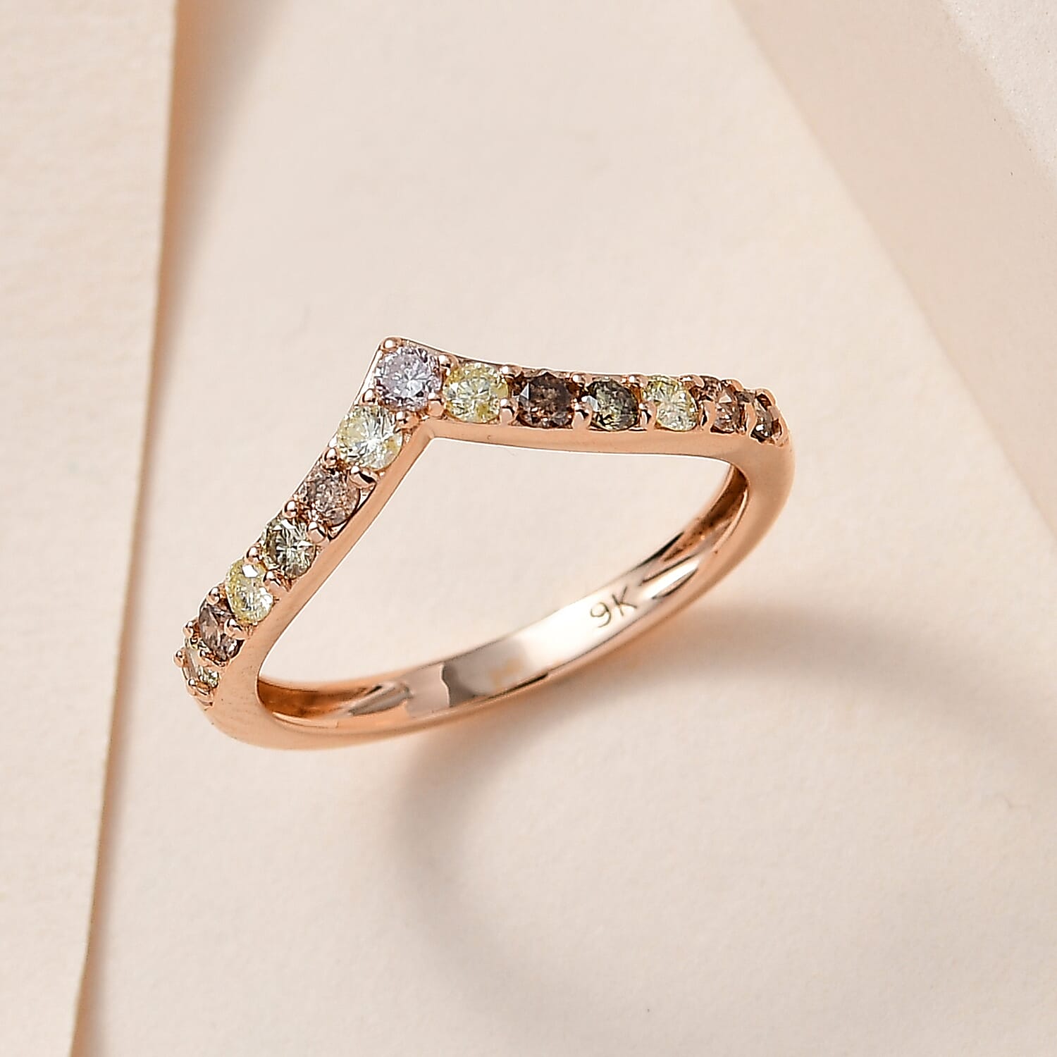 9K Rose Gold SGL Certified Pink Diamond, Champagne Diamond & Natural Yellow Diamond Wishbone Ring 0.50 Ct.