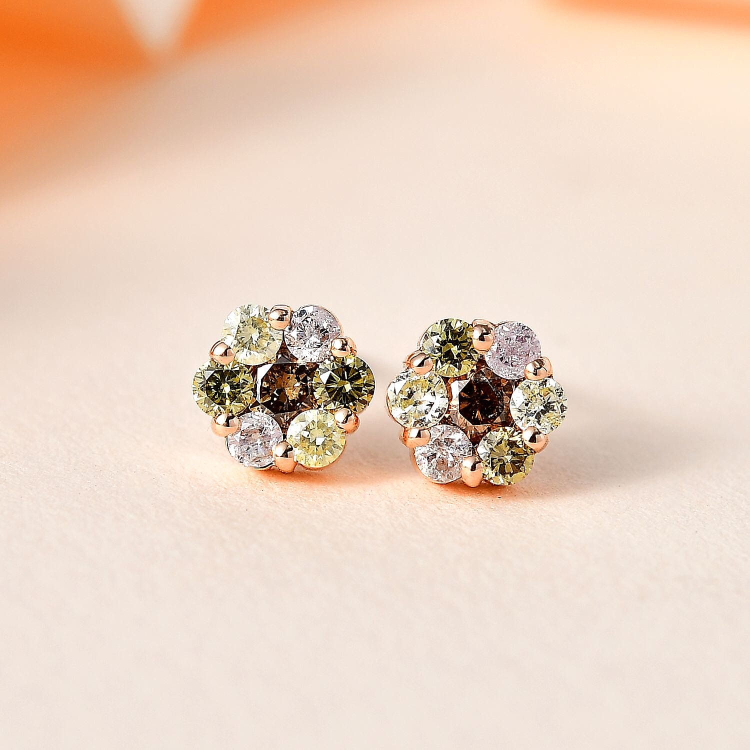 9K Rose Gold Certified Natural Multi Colour Diamond Pressure Set Stud Earrings 0.51 Ct