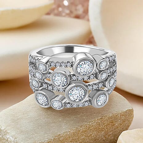 Designer Inspired- Moissanite BUBBLE Ring in Platinum Overlay Sterling Silver 1.40 Ct.