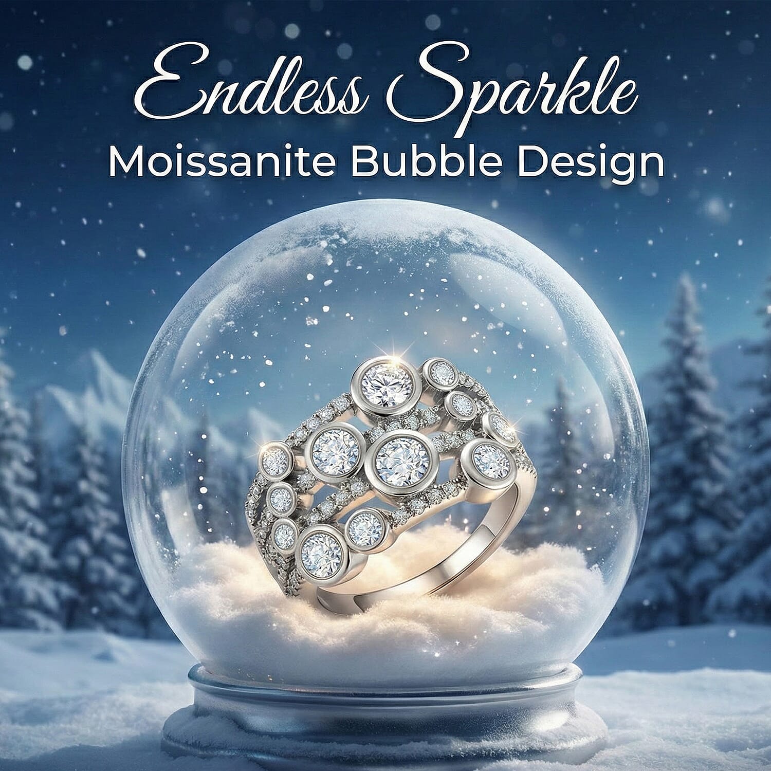 Designer Inspired- Moissanite Bubble Ring in Platinum Overlay Sterling Silver 1.24 Ct, Silver Wt. 6.26 Gms.