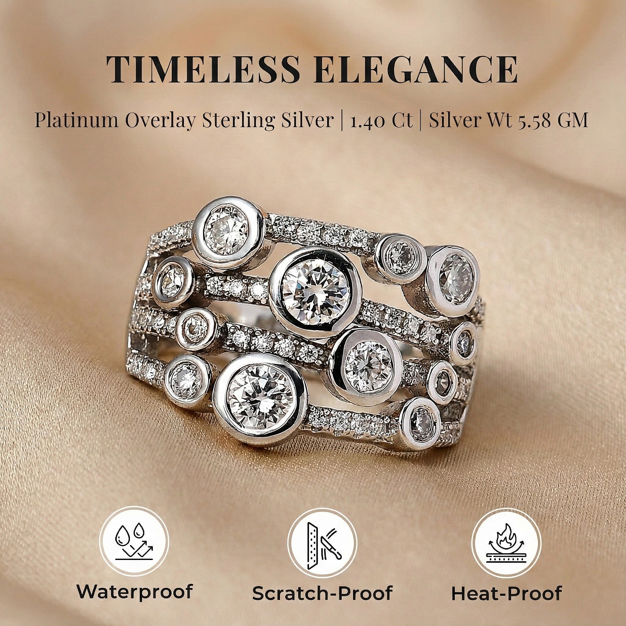 Designer Inspired- Moissanite Bubble Ring in Platinum Overlay Sterling Silver 1.24 Ct, Silver Wt. 6.26 Gms.