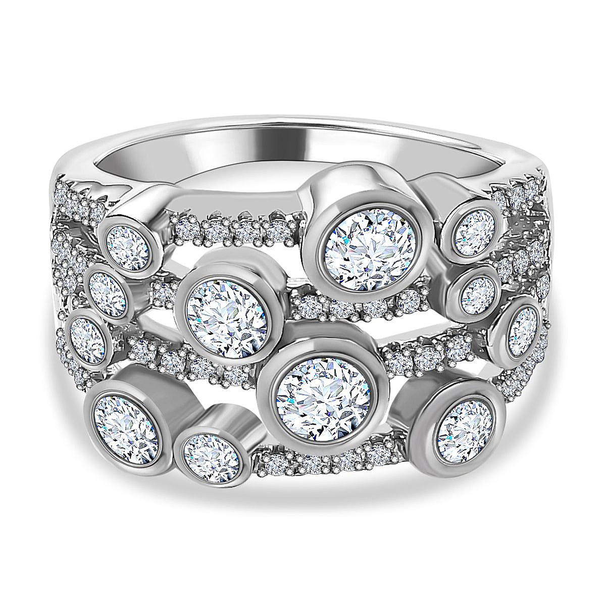 Designer Inspired- Moissanite BUBBLE Ring in Platinum Overlay Sterling Silver 1.40 Ct, Silver Wt 5.72 GM