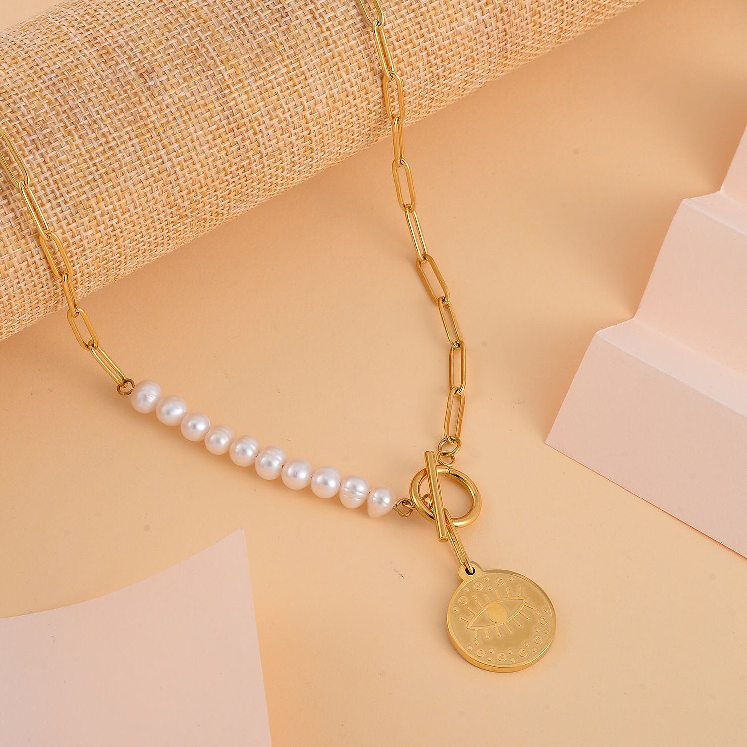 White Fresh Water Pearl Paperclip Circle Necklace (Size - 22) With T-Bar Clasp