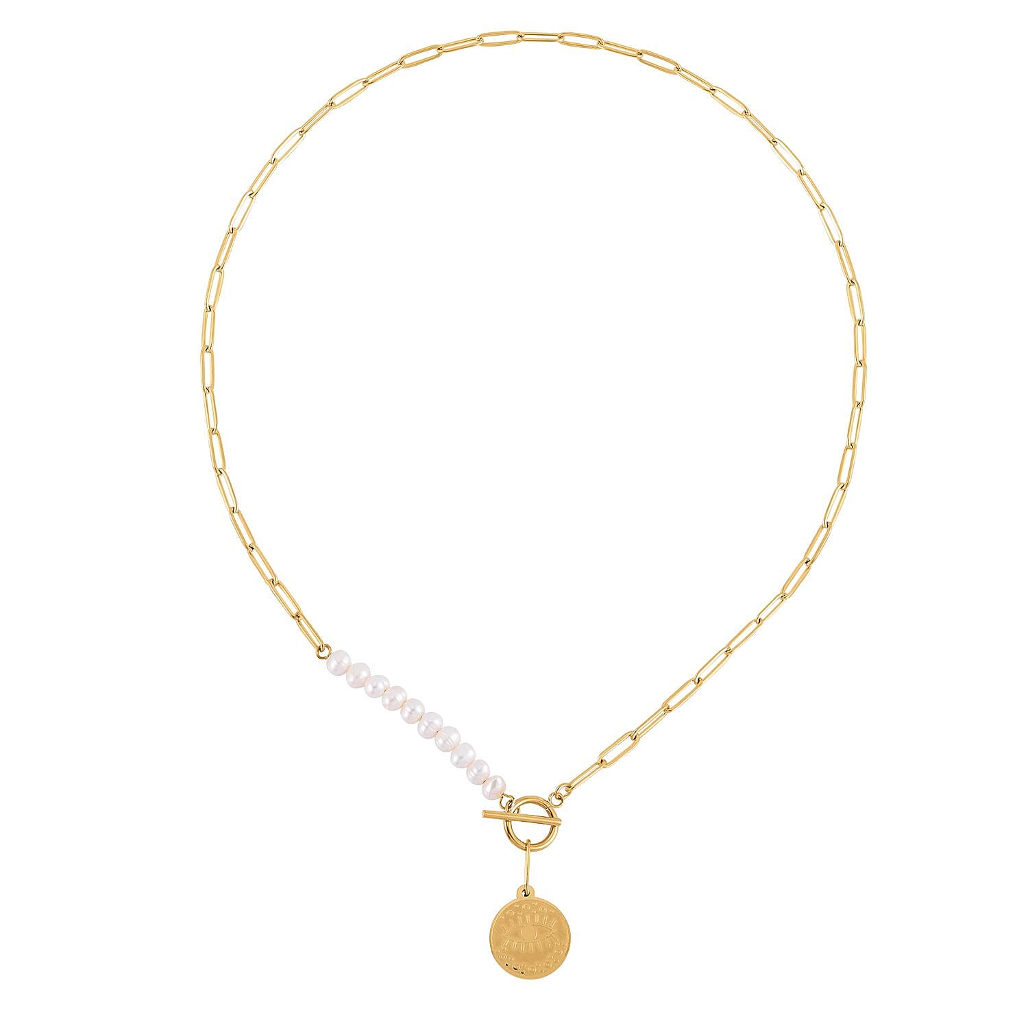 White Fresh Water Pearl Paperclip Circle Necklace (Size - 22) With T-Bar Clasp