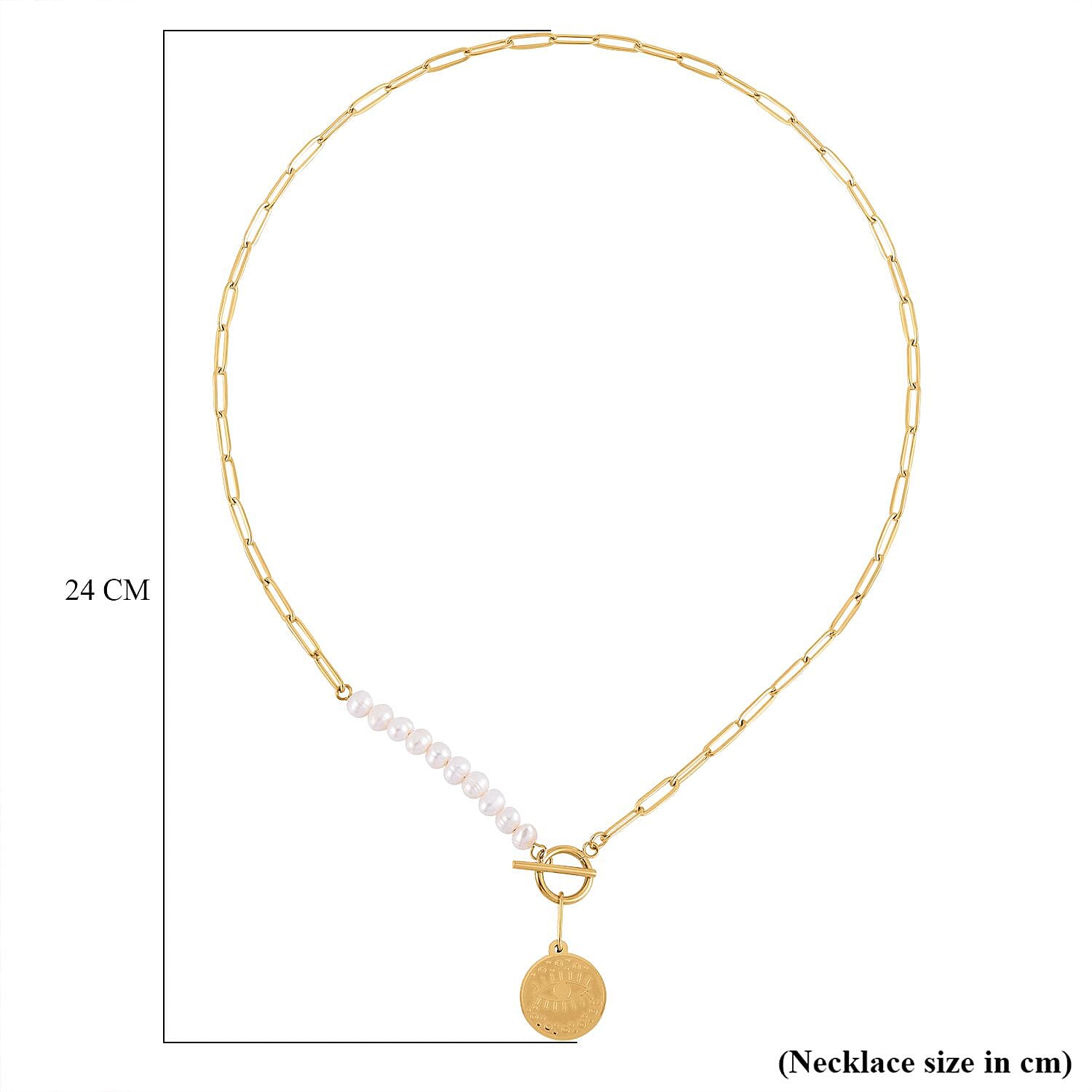 White Fresh Water Pearl Paperclip Circle Necklace (Size - 22) With T-Bar Clasp