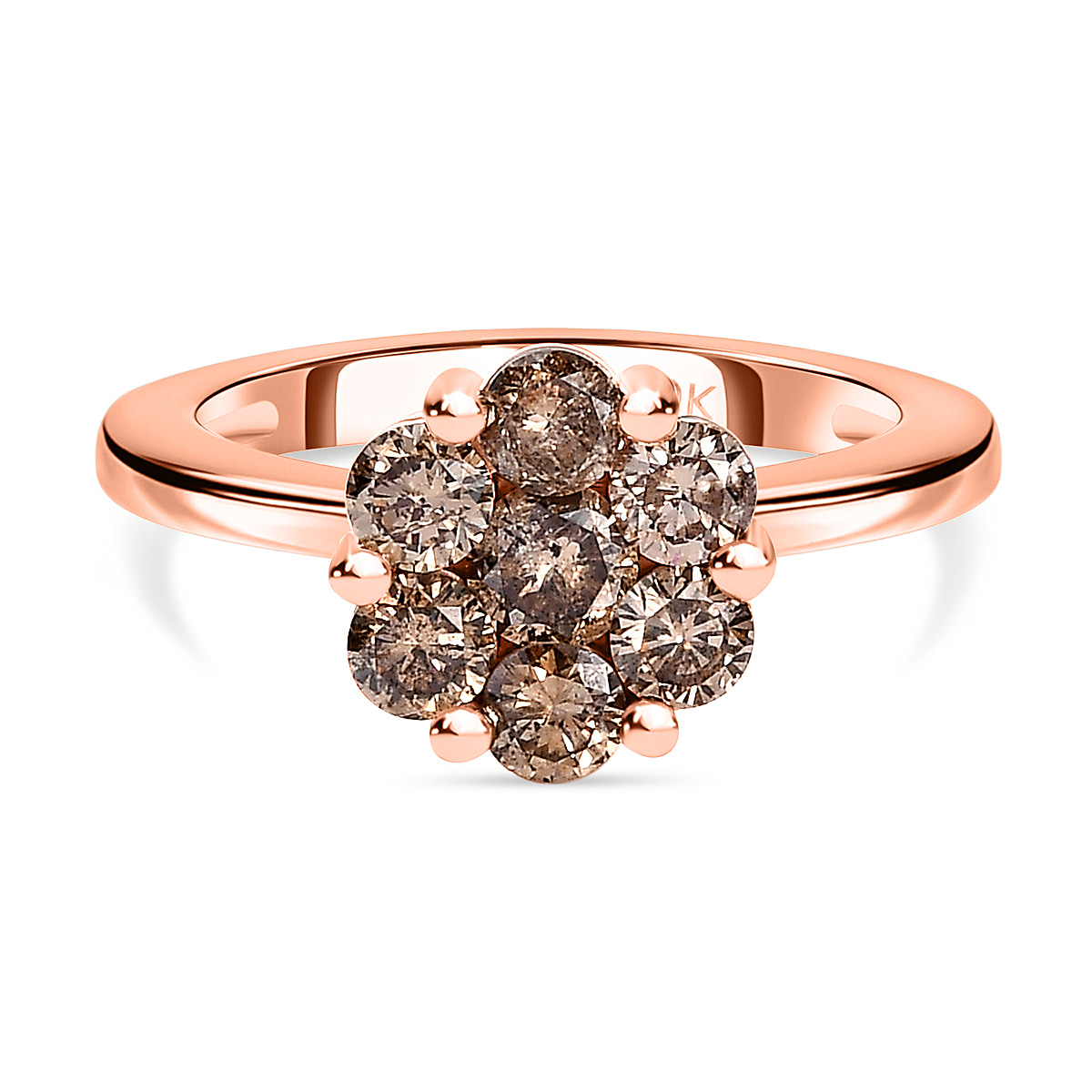 9K Rose Gold Certified Natural Champagne Diamond Cluster Ring 1.02 Ct
