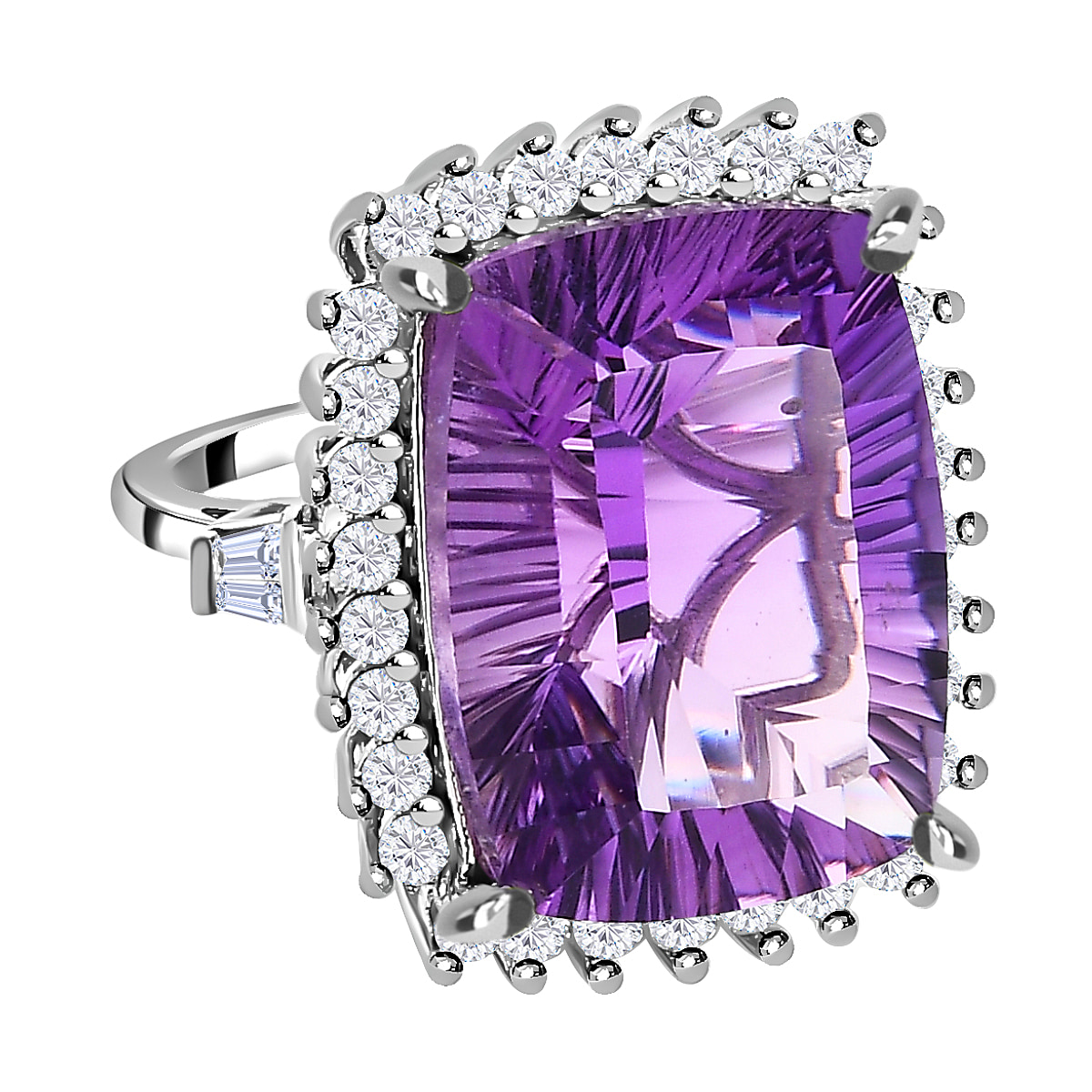 Amethyst & Natural Zircon Halo Ring in Platinum Overlay Sterling Silver, 21.50 Ct, Silver Wt 6.60 GM