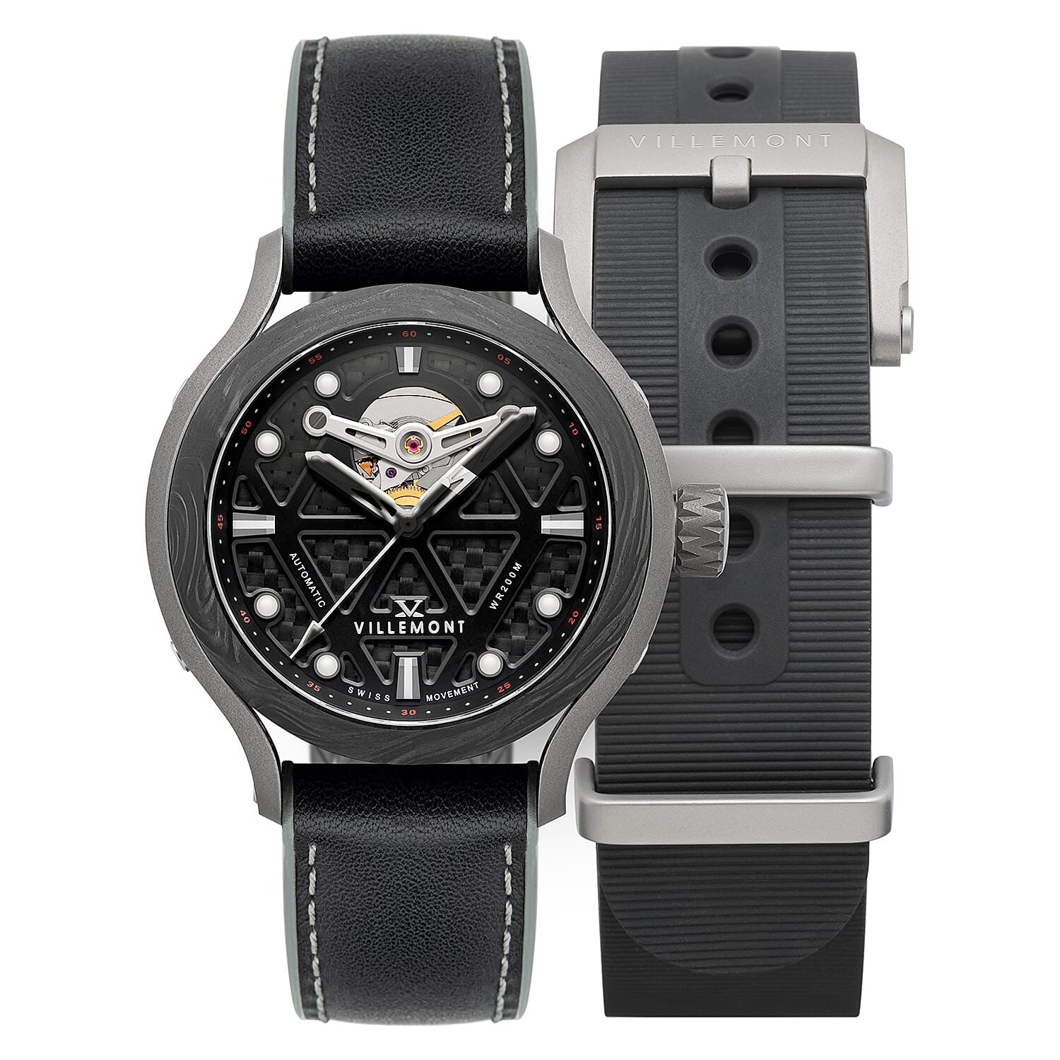 VILLEMONT Limited Edition Mens Tenacity Swiss Movement Granite Black Dial 20ATM Water Resistant Mens Watch with Black & Stainless Steel Strap