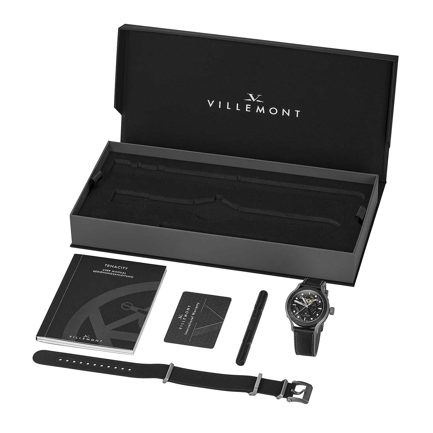 VILLEMONT Limited Edition Mens Tenacity Swiss Movement Granite Black Dial 20ATM Water Resistant Mens Watch with Black - Stainless Steel Strap