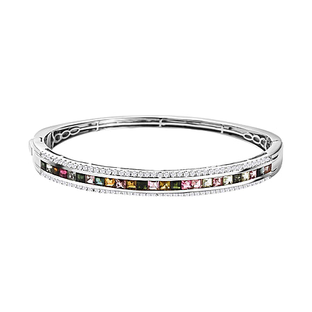 Multi-Tourmaline & Natural Zircon Bangle (Size - 7.5 ) in Platinum Overlay Sterling Silver 5.97 Ct, Silver Wt. 18.16 Gms.