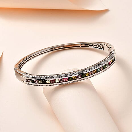 Multi-Tourmaline & Natural Zircon Bangle (Size - 7.5 ) in Platinum Overlay Sterling Silver 5.97 Ct, Silver Wt. 18.16 Gms.