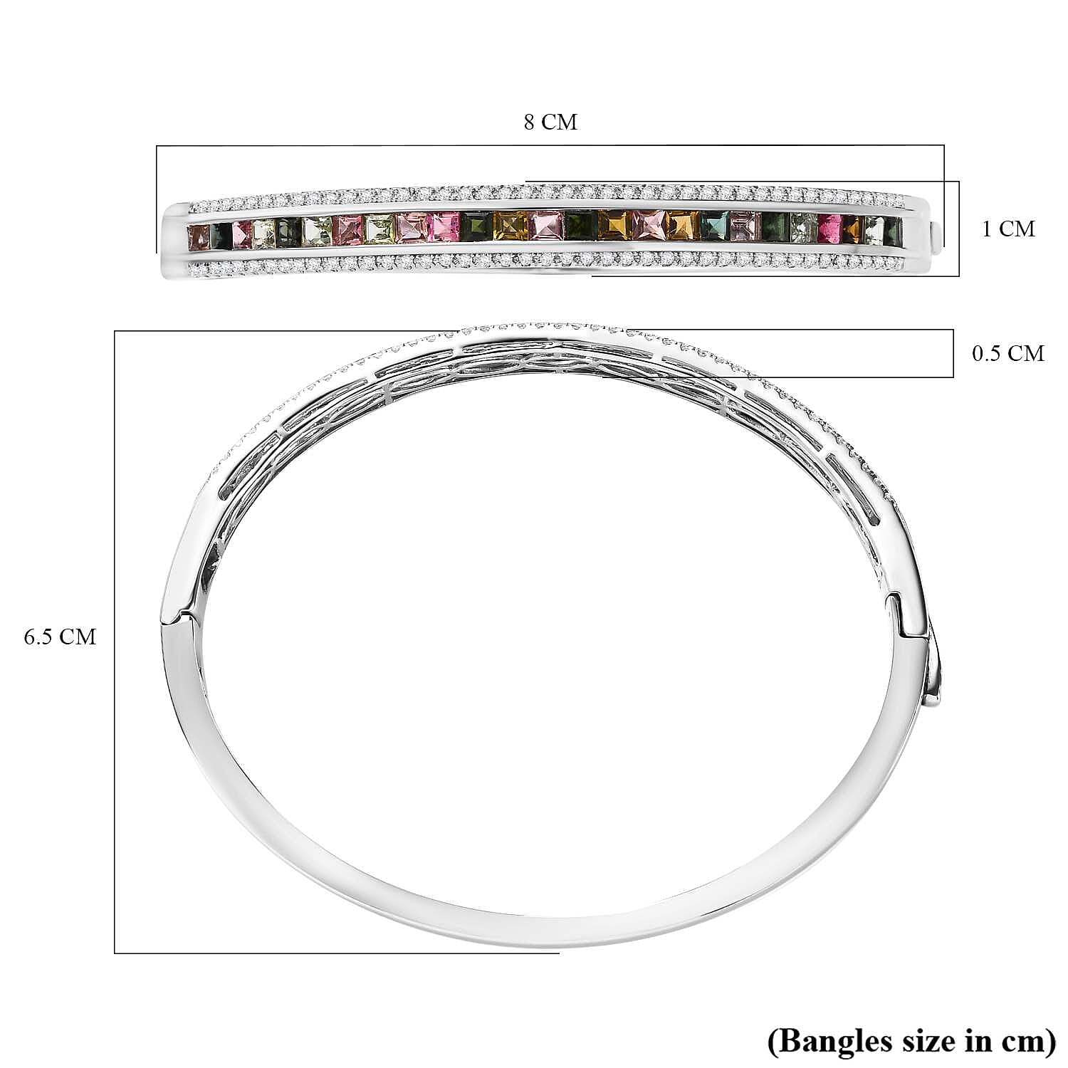 Multi-Tourmaline & Natural Zircon Bangle (Size - 7.5 ) in Platinum Overlay Sterling Silver 5.97 Ct, Silver Wt. 18.16 Gms. Multi-Tourmaline & Natural Zircon Bangle (Size - 7.5 ) in Platinum Overlay Sterling Silver 5.97 Ct, Silver Wt. 18.16 Gms.