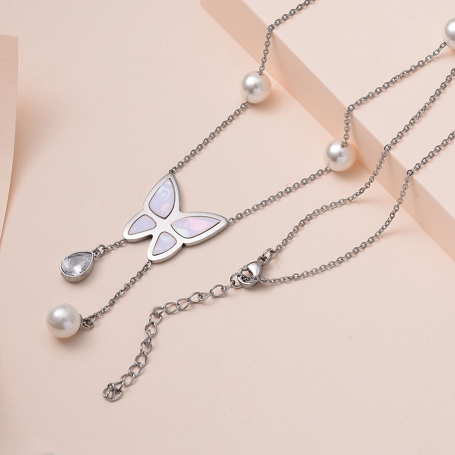 White Austrian Crystal & White Shell Pearl Butterfly Necklace (Size 20-2 inch Ext.) in Silver Tone