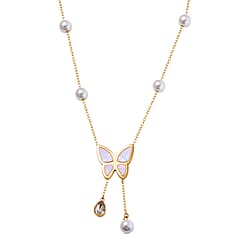 White Austrian Crystal & White Shell Pearl Butterfly Necklace (Size 20-2 inch Ext.) in Yellow Gold Tone
