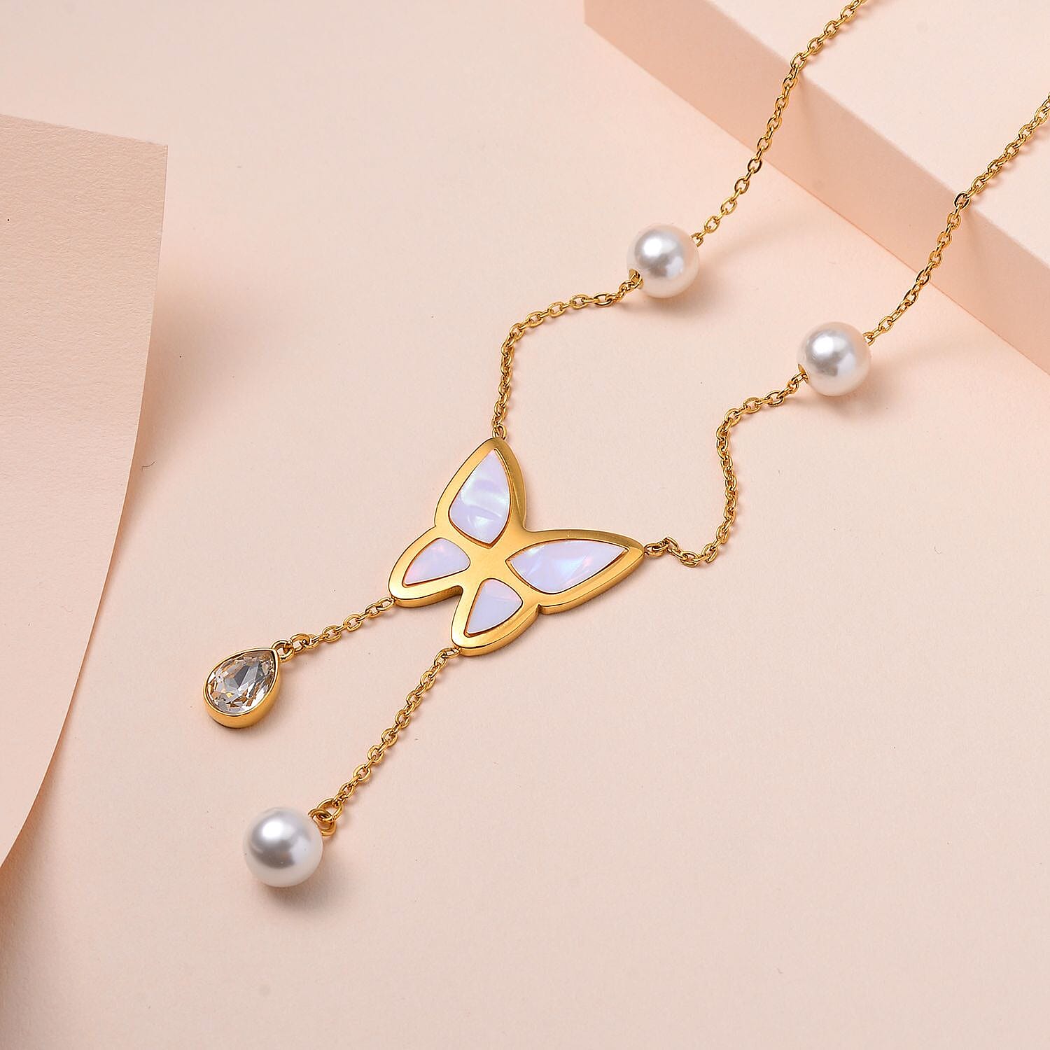 White Austrian Crystal & White Shell Pearl Butterfly Necklace (Size 20-2 inch Ext.) in Yellow Gold Tone