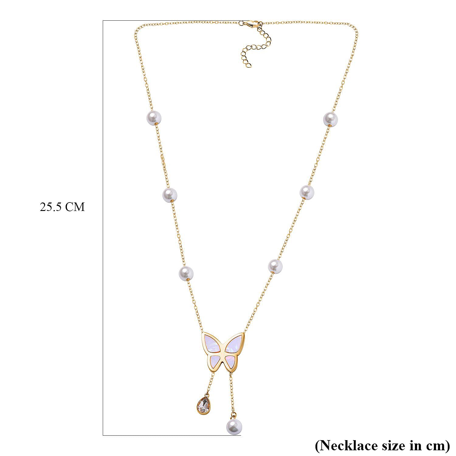 White Austrian Crystal & White Shell Pearl Butterfly Necklace (Size 20-2 inch Ext.) in Yellow Gold Tone