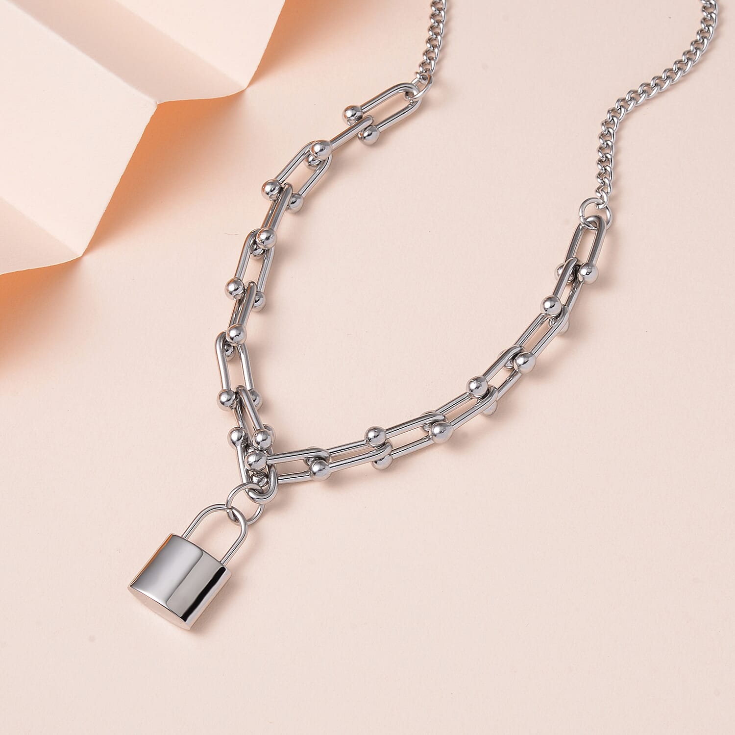 Designer Inspired - Padlock Necklace (Size 20-2 inch Ext.) in Silver Tone