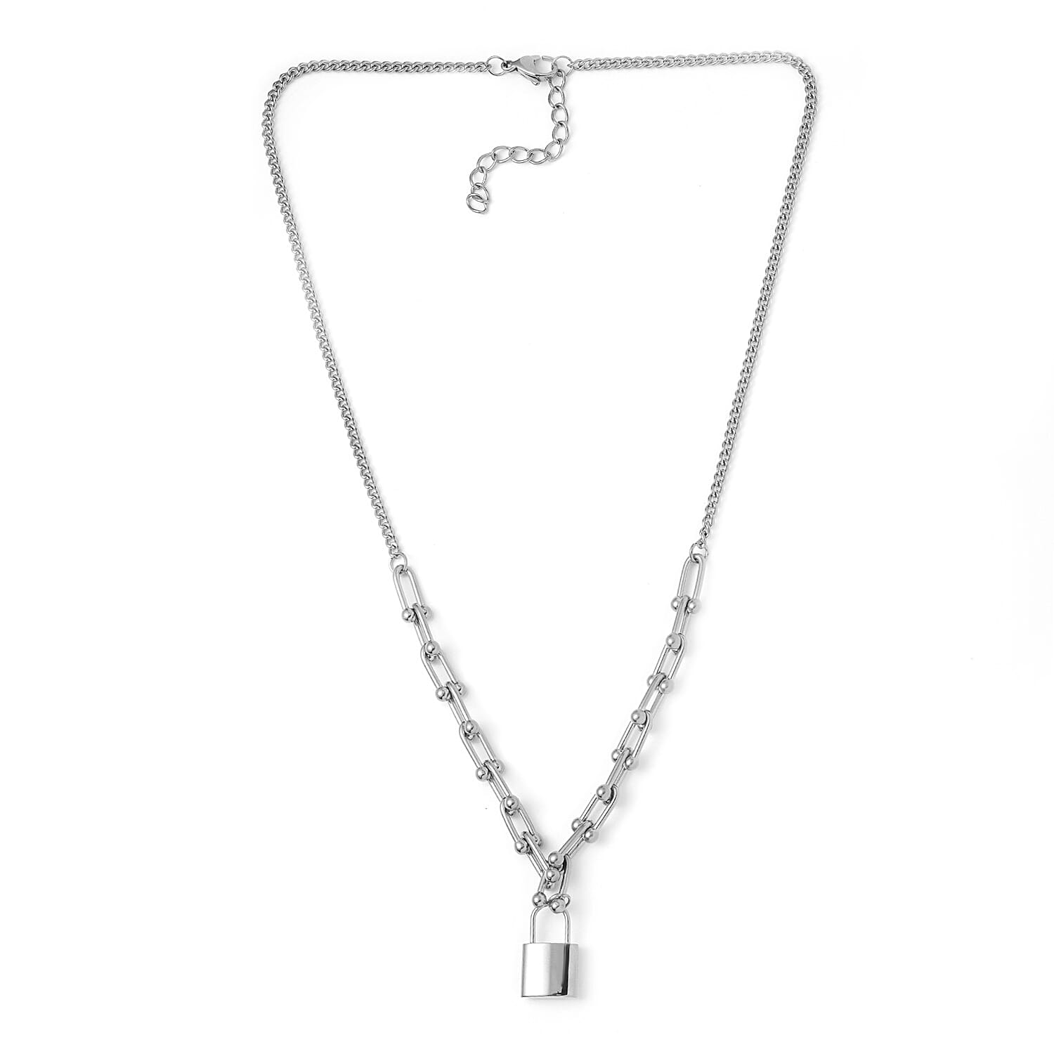 Designer Inspired - Padlock Necklace (Size 20-2 inch Ext.) in Silver Tone