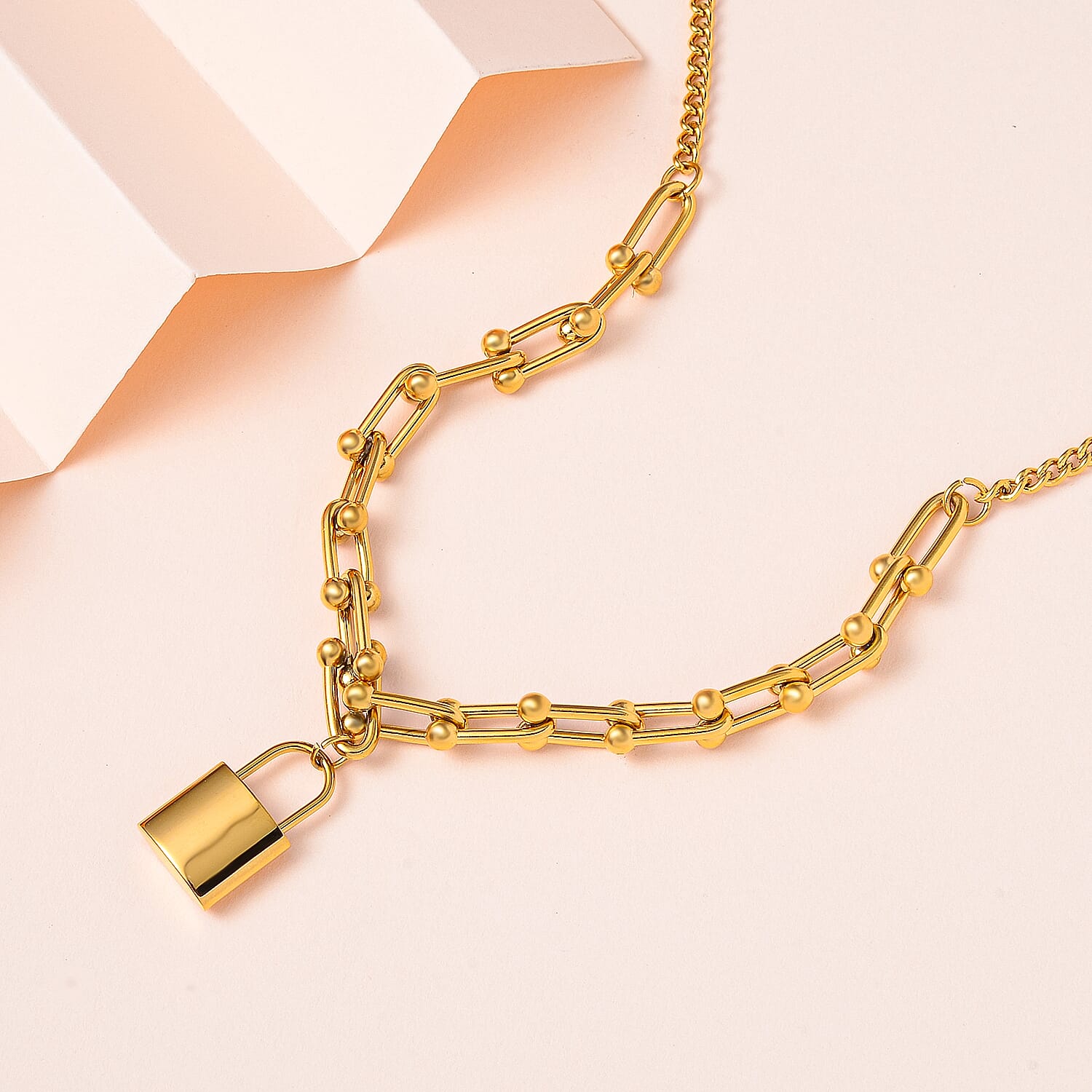 Designer Inspired - Padlock Necklace (Size 20-2 inch Ext.) in Yellow Gold Tone