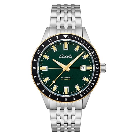 CADOLA Tahiti Mens 3 Hands With Date Bavarian Green Dial 20 ATM WR Watch with Stainless Steel and Extra Black Silicon Strap