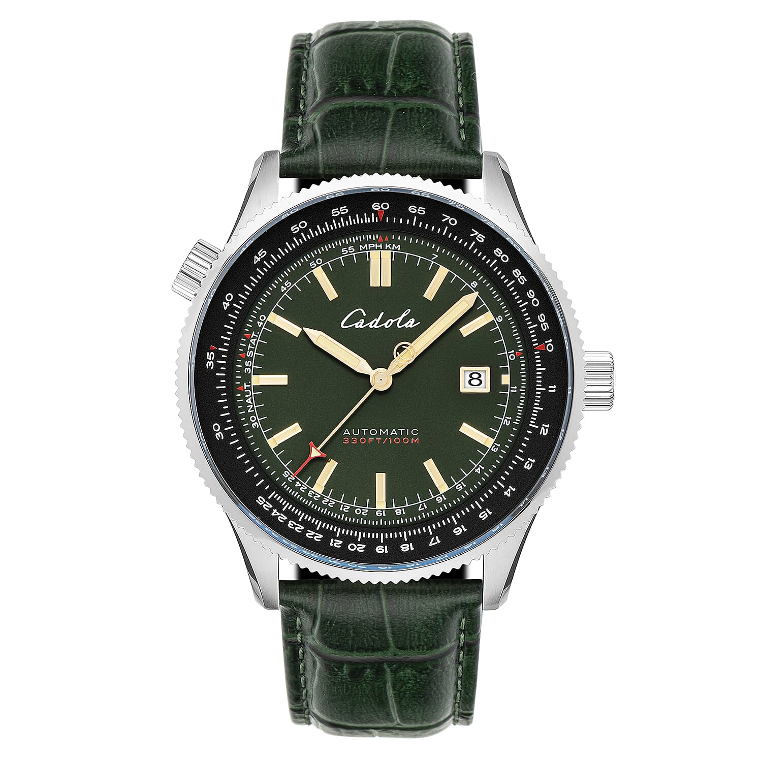 CADOLA  Aviateur Automatic Movt. with 3 Hands Date 10ATM WR Mens Watch with Genuine Leather Green Strap