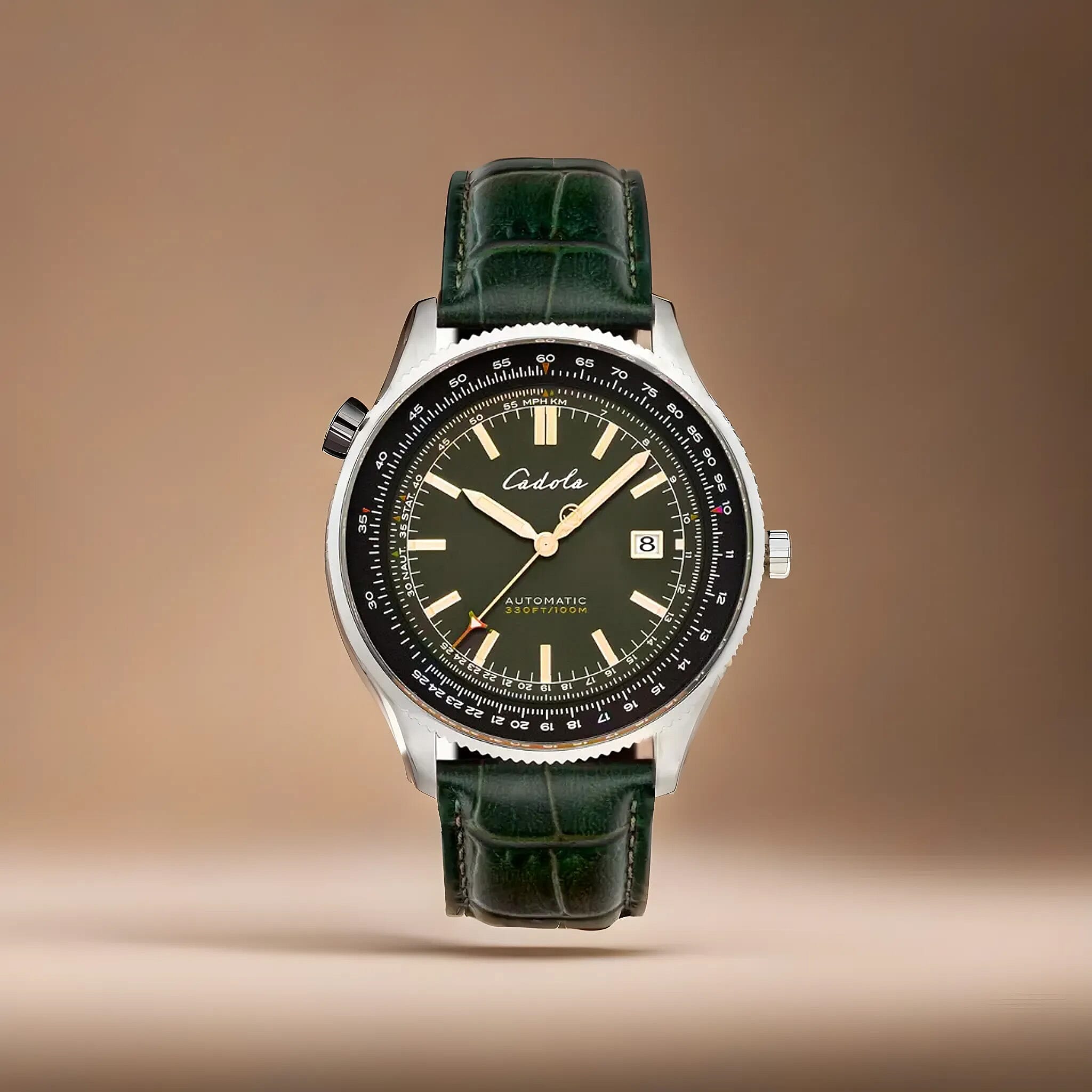 CADOLA  Aviateur Automatic Movt. with 3 Hands Date 10ATM WR Mens Watch with Genuine Leather Green Strap