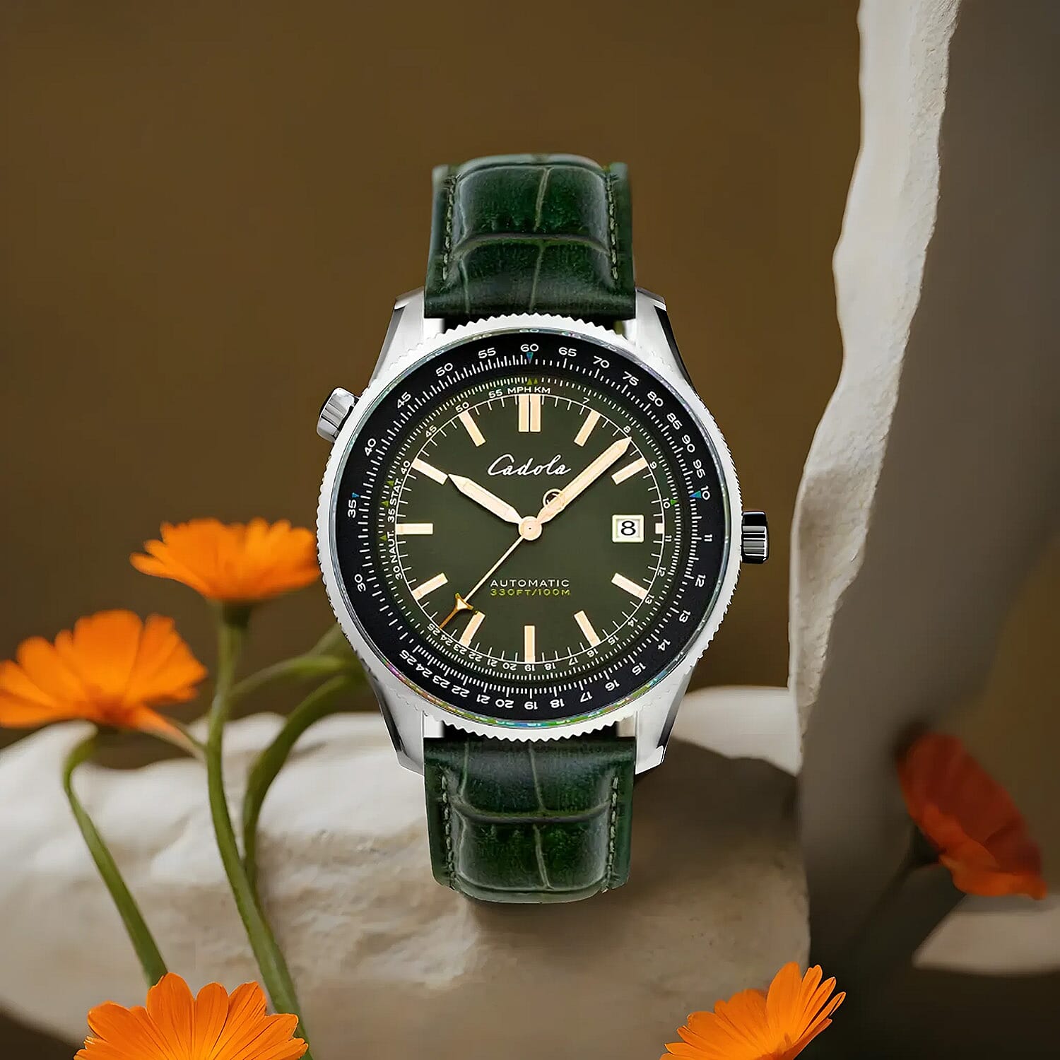 CADOLA  Aviateur Automatic Movt. with 3 Hands Date 10ATM WR Mens Watch with Genuine Leather Green Strap