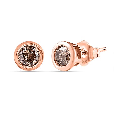 9K Rose Gold Solitaire Champagne Diamond Stud Earrings 0.21 Ct.