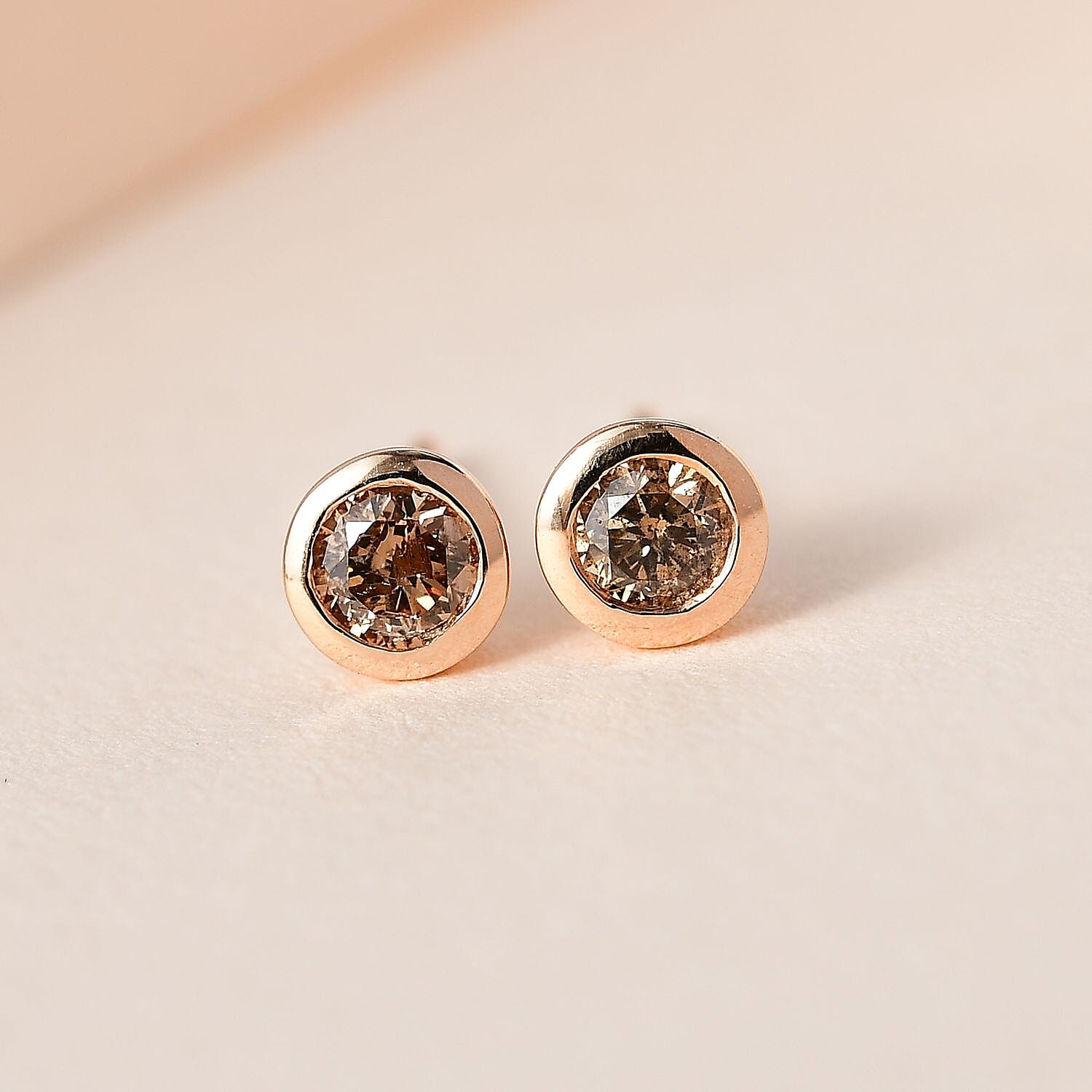 9K Rose Gold Solitaire Natural Champagne Diamond Earrings 0.21 Ct.