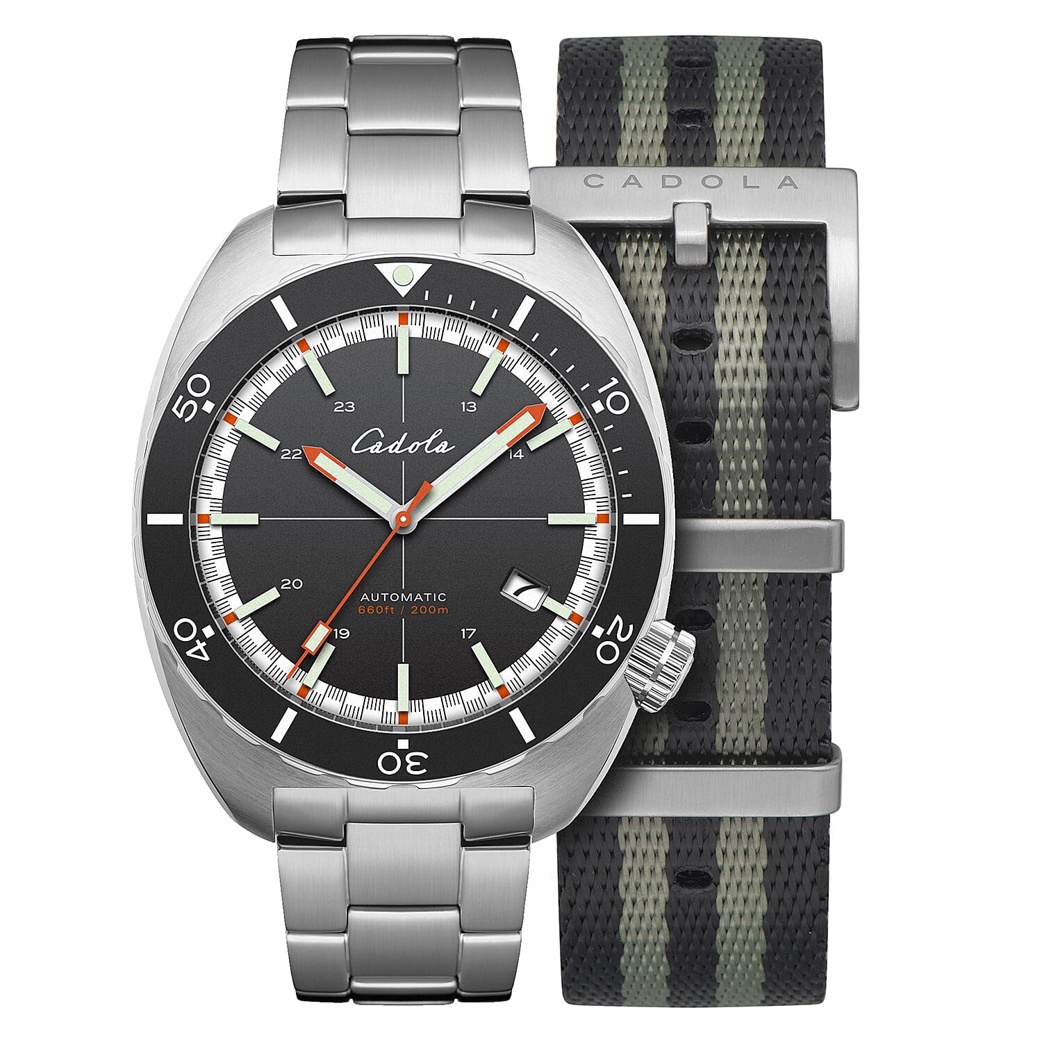 CADOLA Intrepid Japanese Automatic Movement with 3 Hands Date and Black Dial 20ATM Water Resistant Mens Watch with Stainless Steel Strap