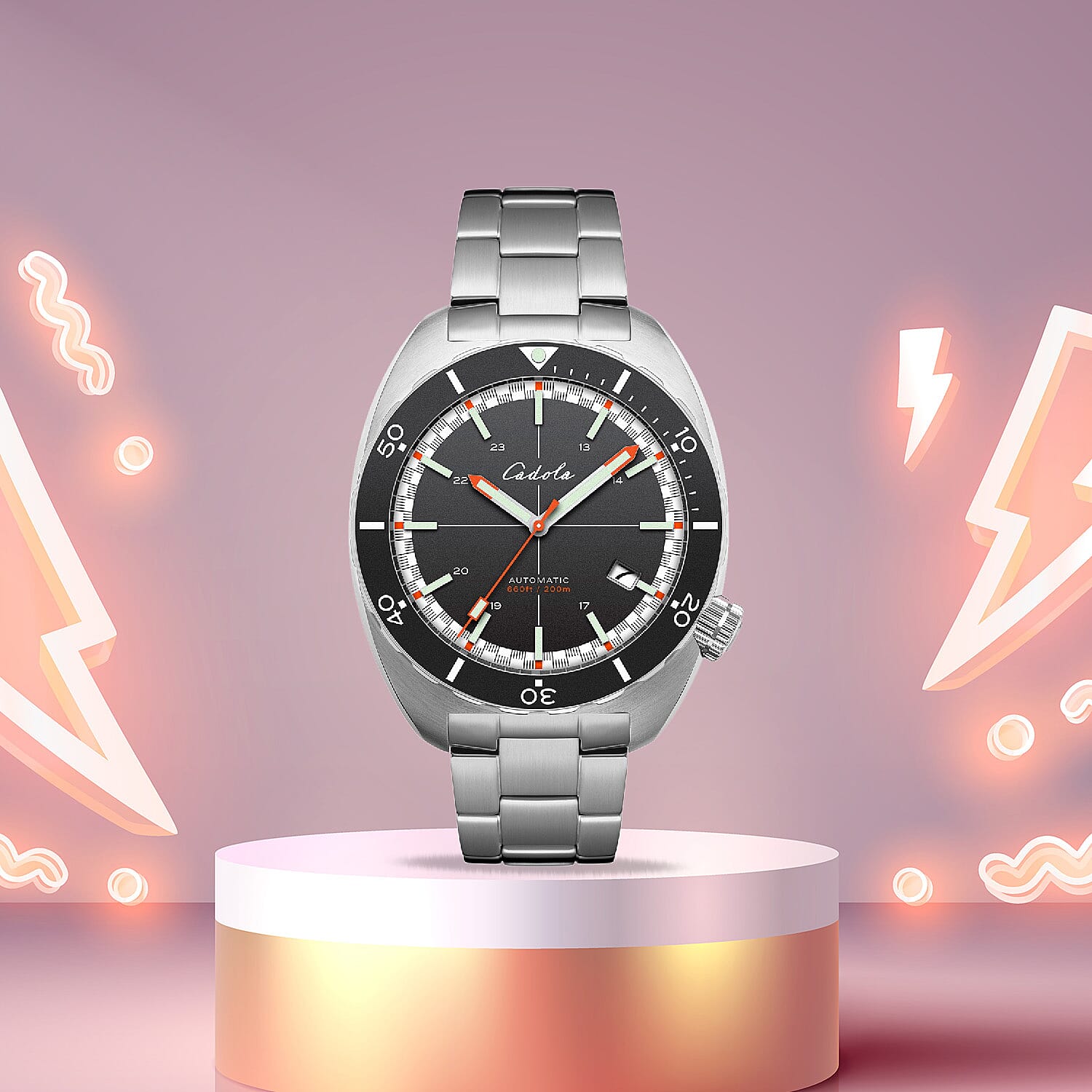 CADOLA Intrepid Japanese Automatic Movement with 3 Hands Date and Black Dial 20ATM Water Resistant Mens Watch with Stainless Steel Strap