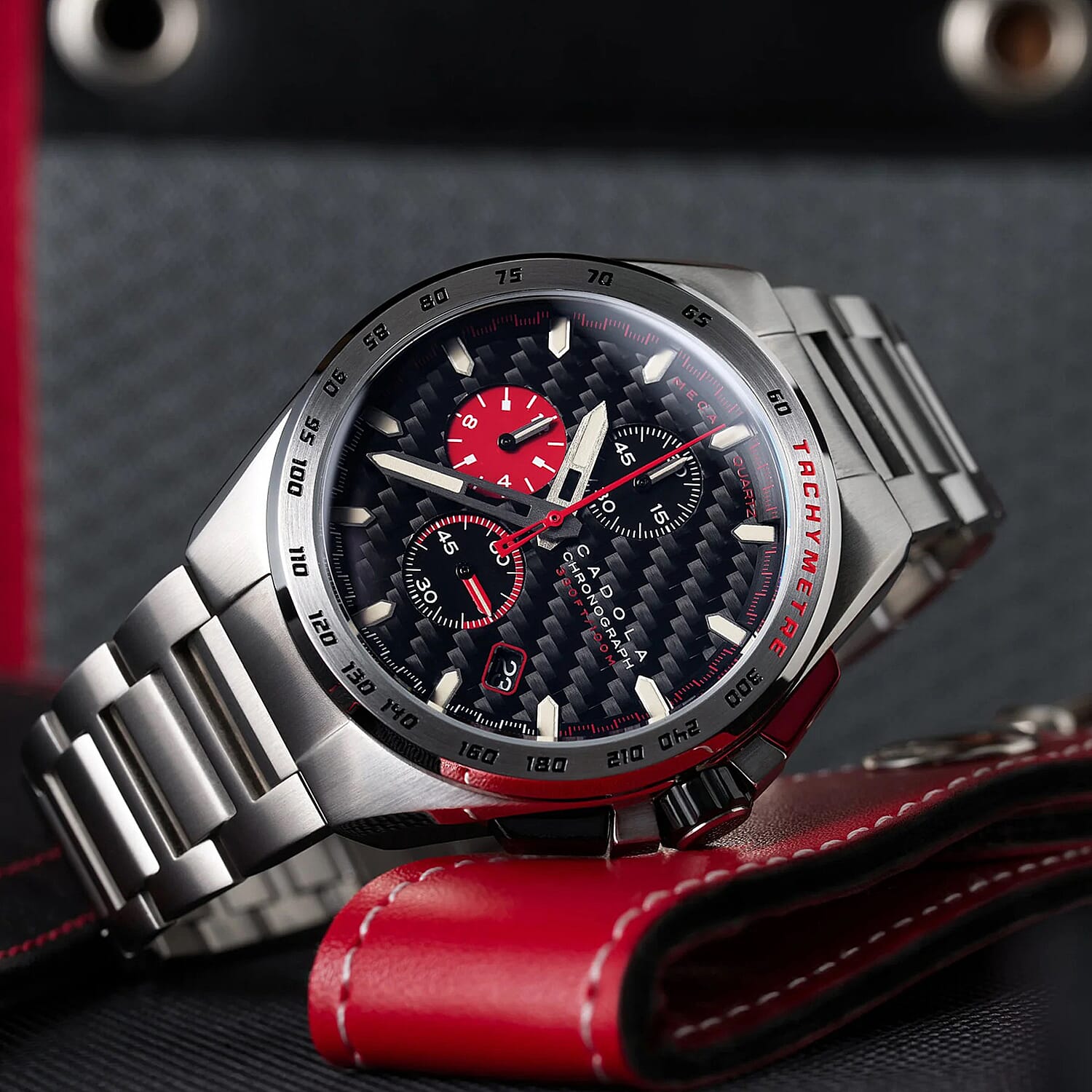 Exclusive Hour Offer - CADOLA Peterson Japanese Movement Black & Red Dial 10ATM Water Resistant Watch with Stainless Steel Chain Strap Complimentory Nusound Earbud